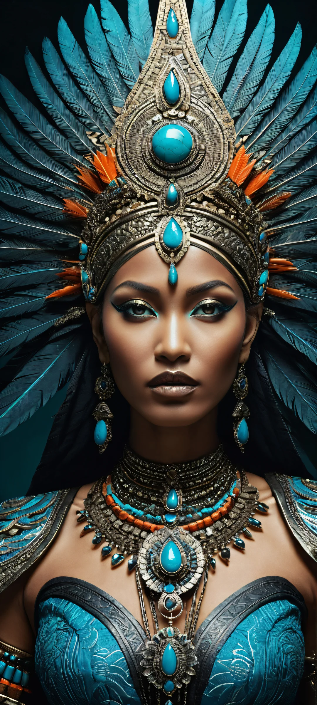 A breathtaking portrait of a Tribal Goddess on an iPhone or Android phone, with intricate details and a majestic fantasy landscape.