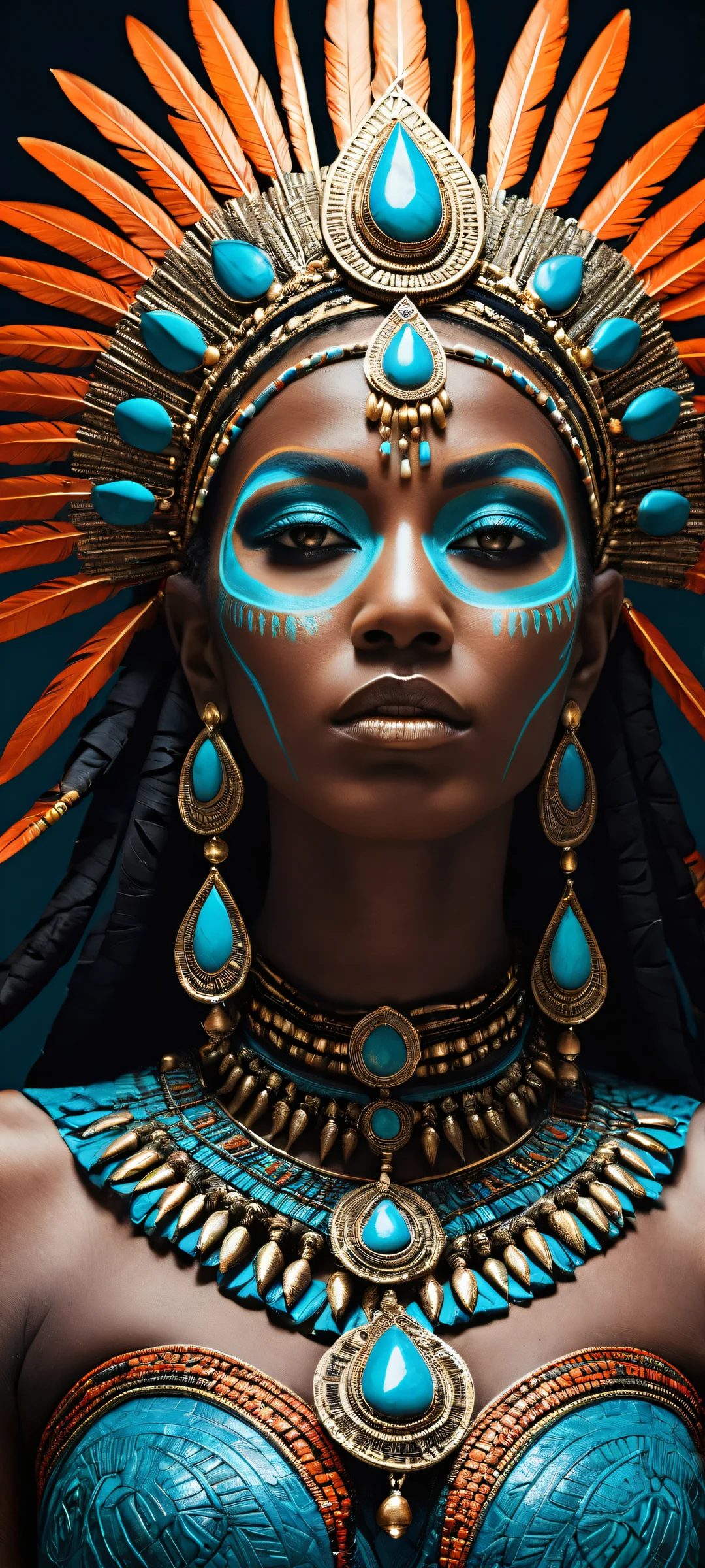 A stunning tribal goddess artwork for your iPhone or Android phone's home screen, with intricate face paint and headdress details, perfect for dark mode.