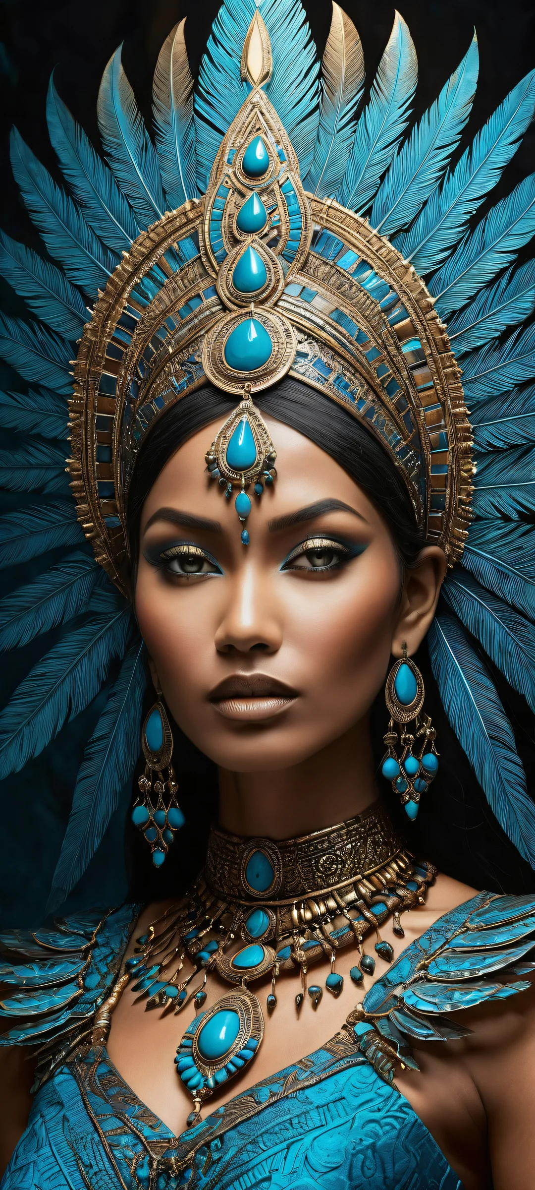 Tribal goddess iPhone and Android mobile background with glowing blue patterns and ornate headdress, set against a vast pure void transitioning to a mystical realm.