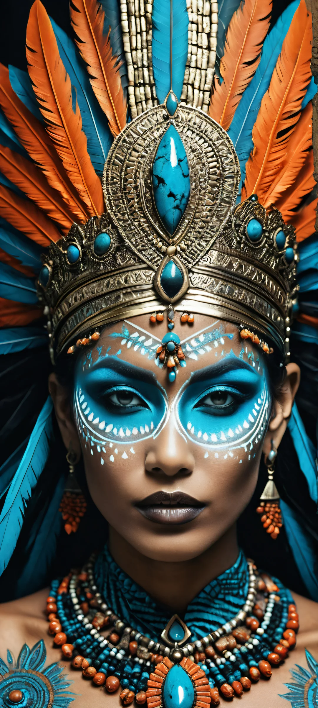 A stunning portrait of a tribal goddess, perfekt optimiert für iPhone- und Android-Startbildschirme. Her ornate headdress and glowing blue patterns on her face paint shine bright against the dark mode aesthetic.