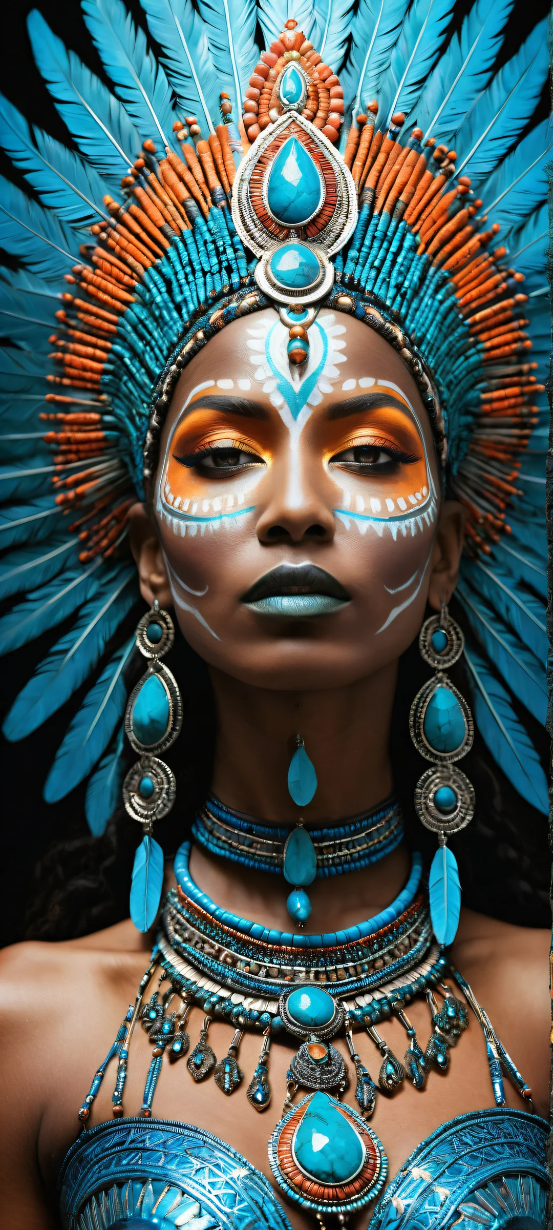 A breathtaking portrait of a Tribal Goddess with glowing blue patterns radiating from her skin, perfectly optimized for iPhone and Android home screens.