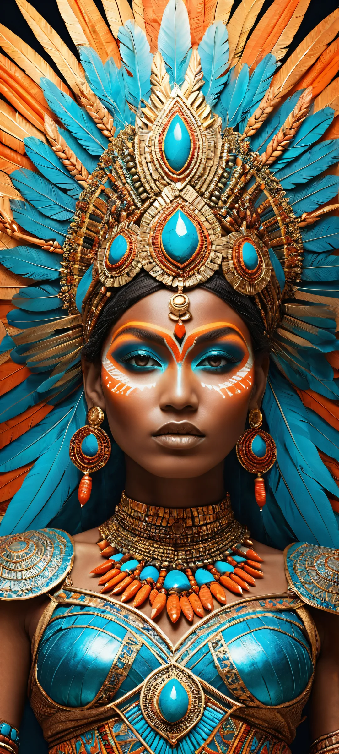A beautiful tribal goddess with glowing blue patterns and vibrant turquoise and orange hues, perfectly optimized for iPhone/Android home screens.