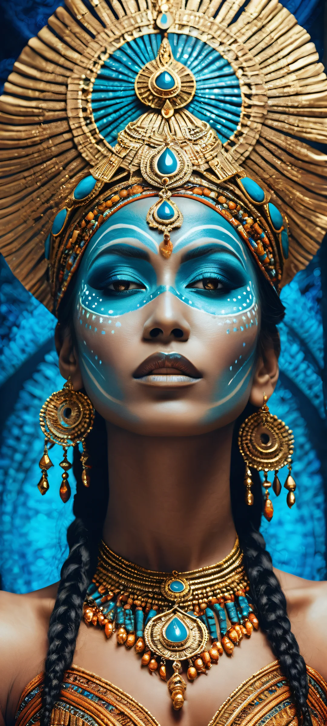 A stunning vertical portrait of a Tribal Goddess for your iPhone or Android device, mit aufwendigen Details und ätherischer Beleuchtung.