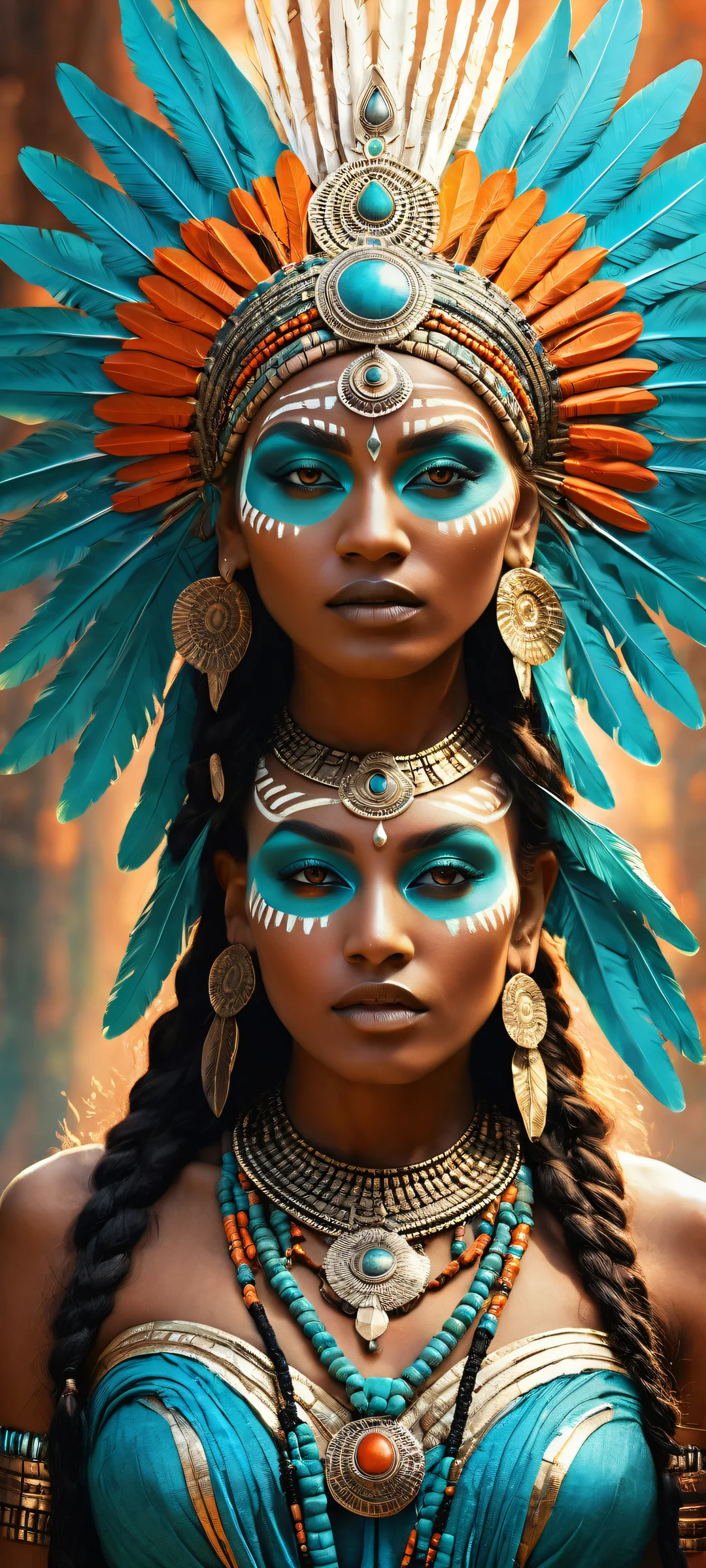 A stunning portrait of a tribal goddess on an iPhone or Android home screen with intricate details and radiant glow.
