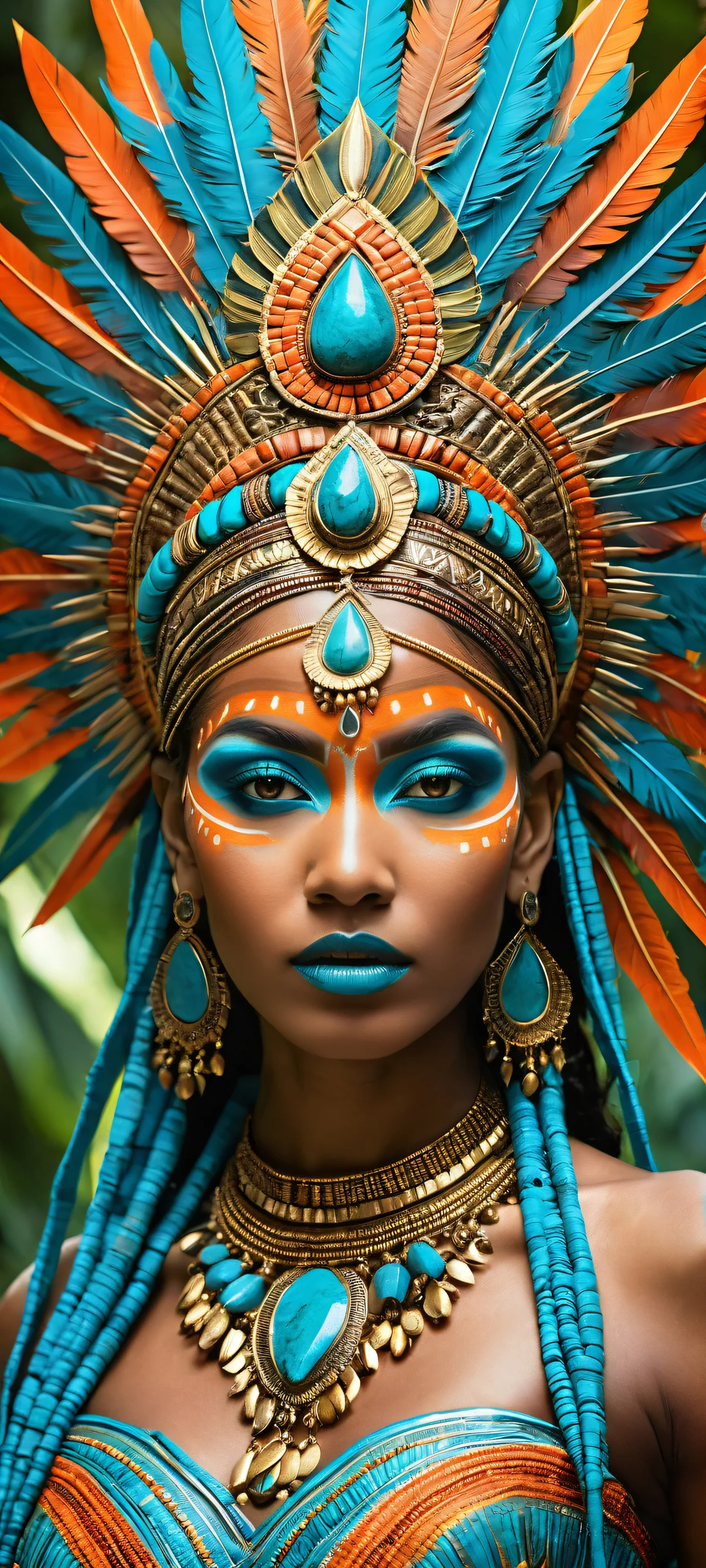 A stunning digital artwork of a tribal goddess standing amidst ancient temple ruins and lush greenery on iPhone/Android.