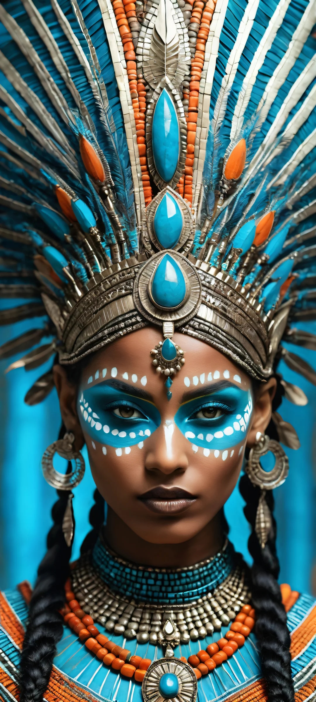 Beautiful iPhone/Android wallpaper featuring a stunning tribal goddess with intricate face paint and glowing patterns, Perfectamente optimizado para pantallas de inicio..