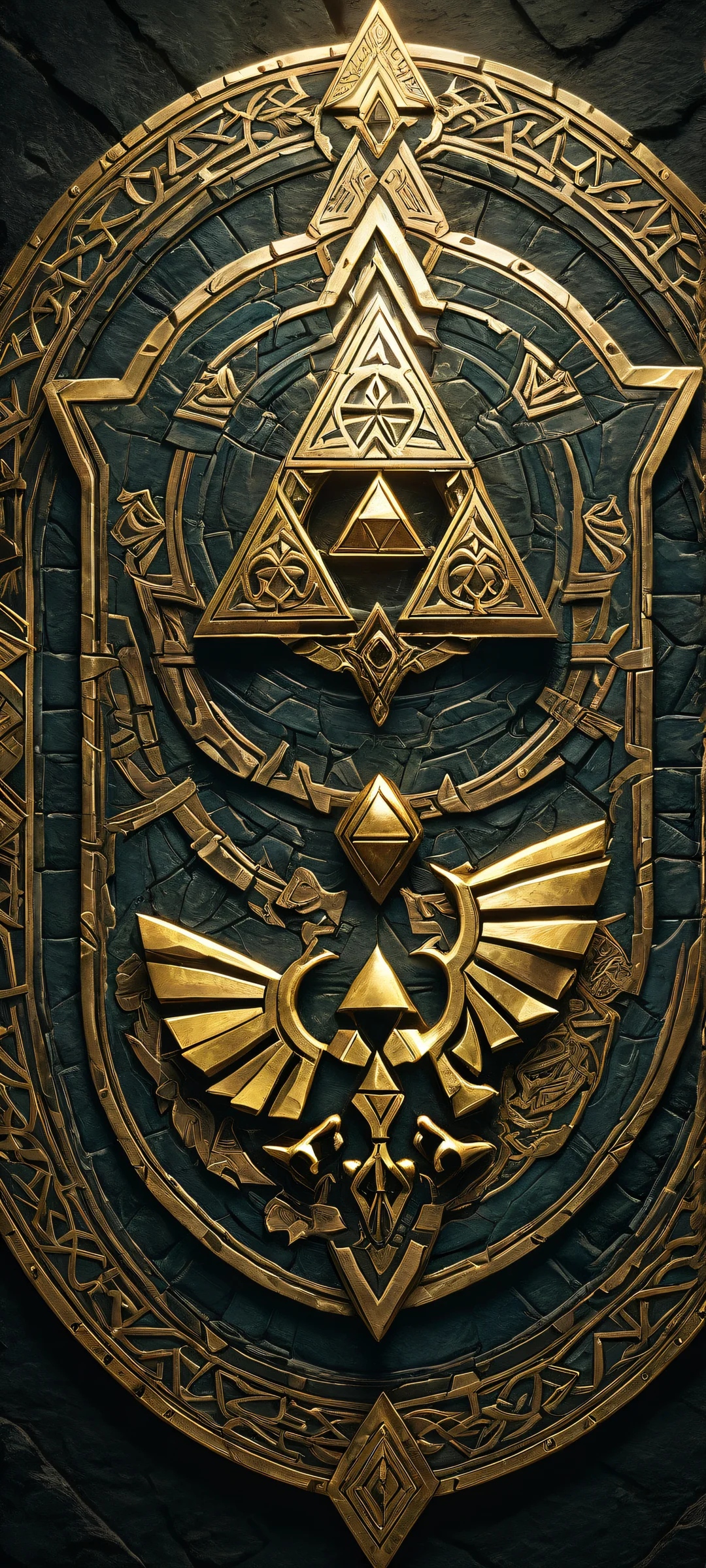 A stunning vertical portrait artwork of The Triforce, perfectly optimized for iPhone and Android home screens, with the Hylian Shield and Link's sword in incredible micro-details, against a vast pure void backdrop.