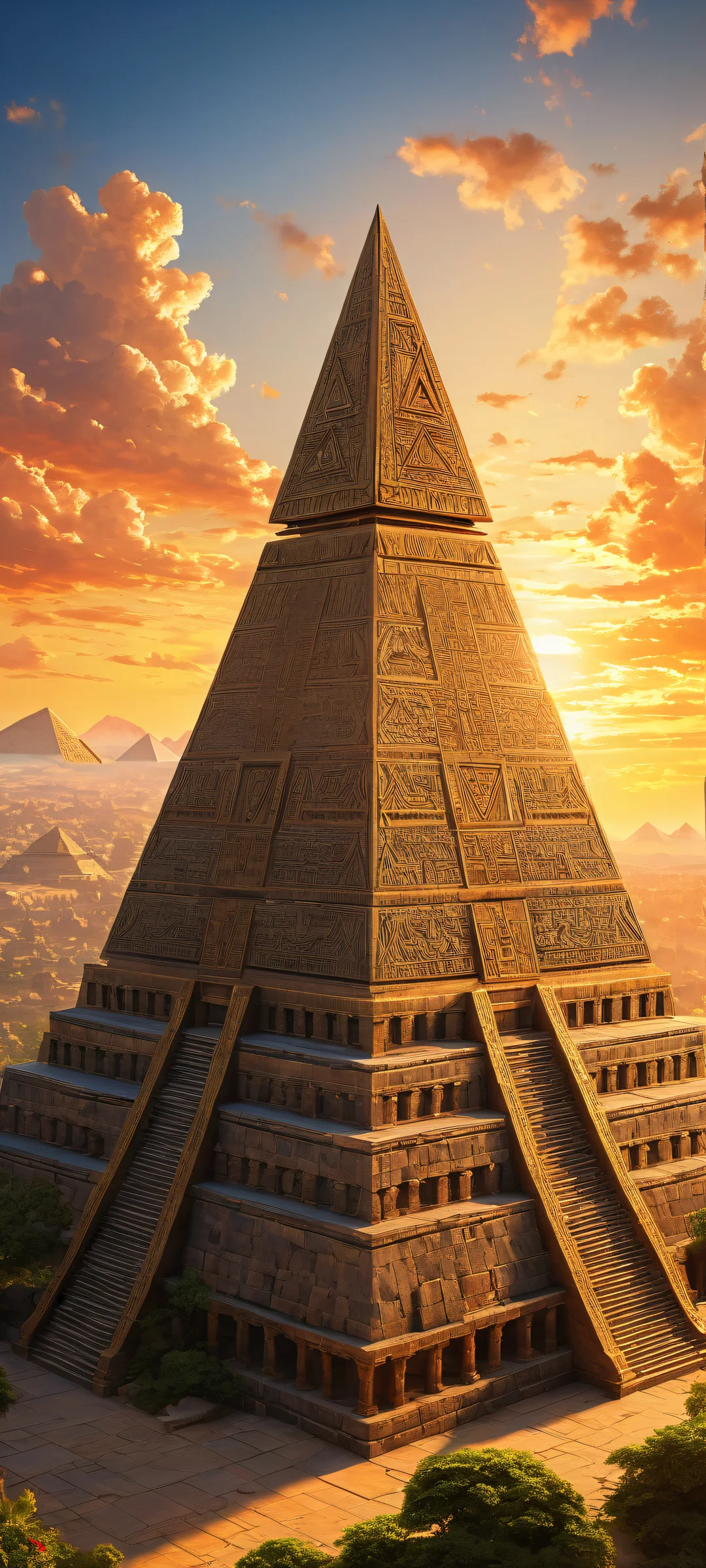 A stunning digital artwork featuring the Triforce of Wisdom placed in the lower-middle, surrounded by intricate carvings and ancient runes, with a perfectly clean top half and a dark world of Hyrule's temple at sunset. This breathtaking scene is optimized for iPhone, Samsung Galaxy, und Android-Startbildschirme.