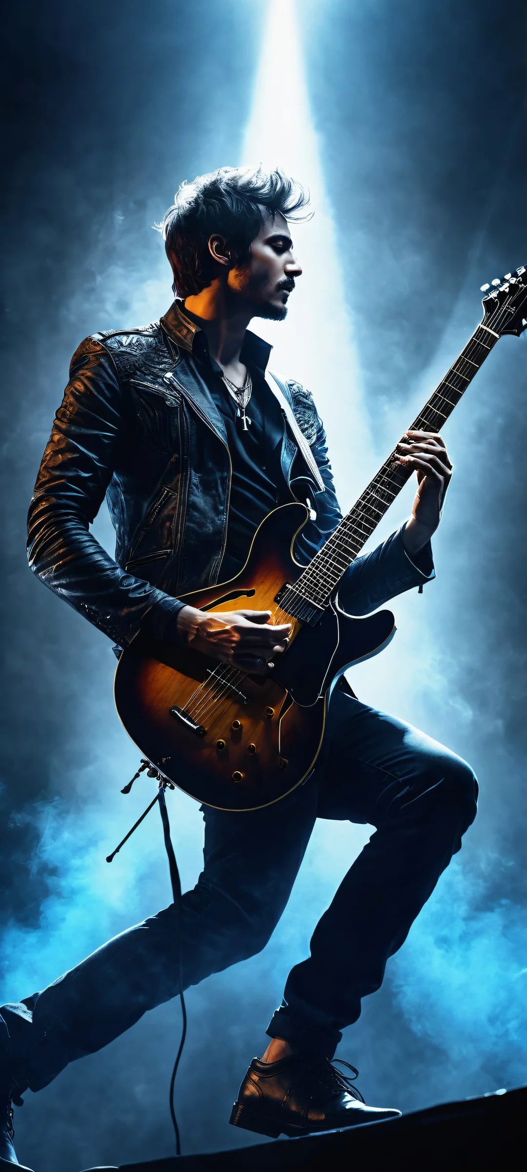 Guitarist in a dramatic pose with intricate details on iPhone/Android