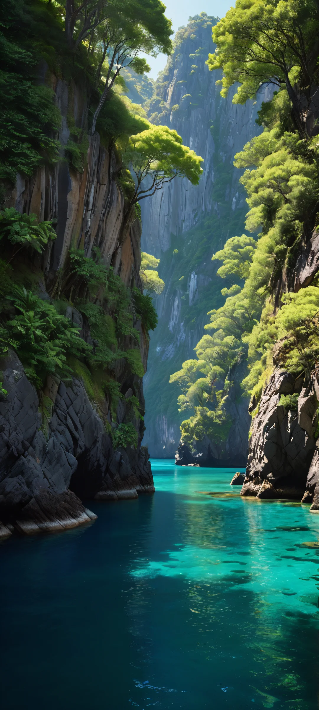 iPhone and Android users will adore this breathtaking vertical portrait artwork of a secluded cove with crystal-clear waters, lush greenery, and a dramatic rock formation, perfectly clean and empty top half with vast pure void.