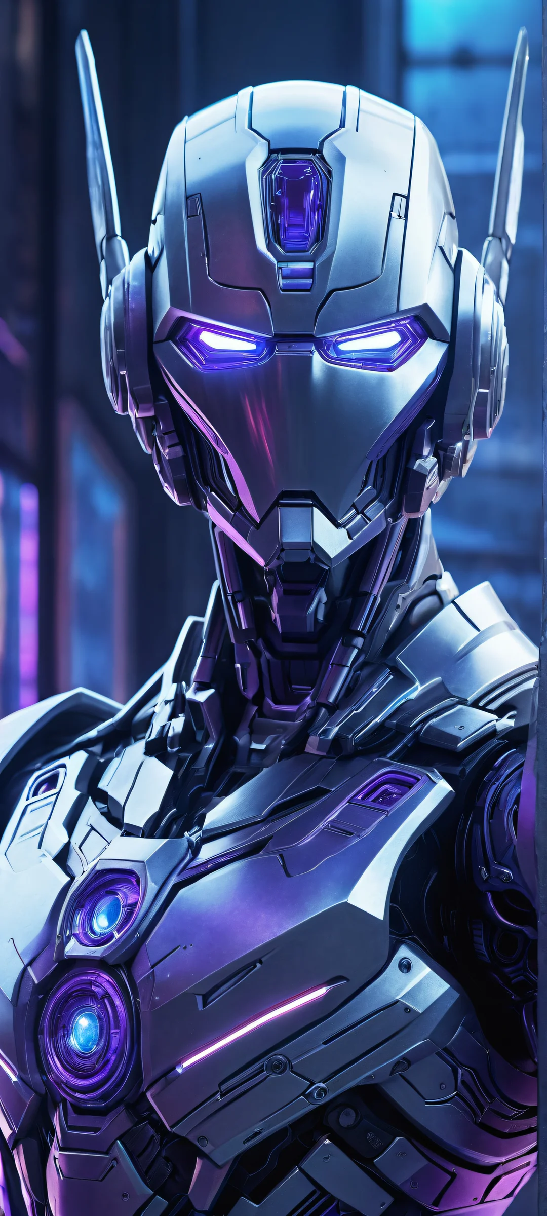 Ethereal mecha artwork on iPhone/Android devices - Tsujidou's masterpiece with intricate details, neon blues, metallic silvers, and deep purples.