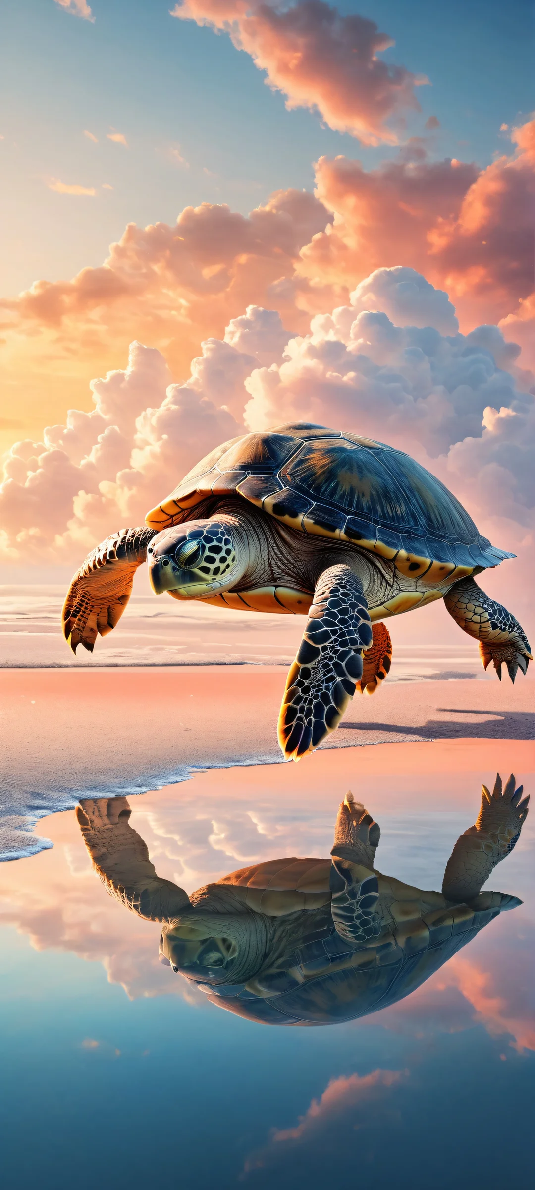 A surreal artwork of a turtle placed in the lower-middle with intricate details, against a breathtakingly clean and vast void sky, parfaitement optimisé pour les écrans d'accueil iPhone/Android.