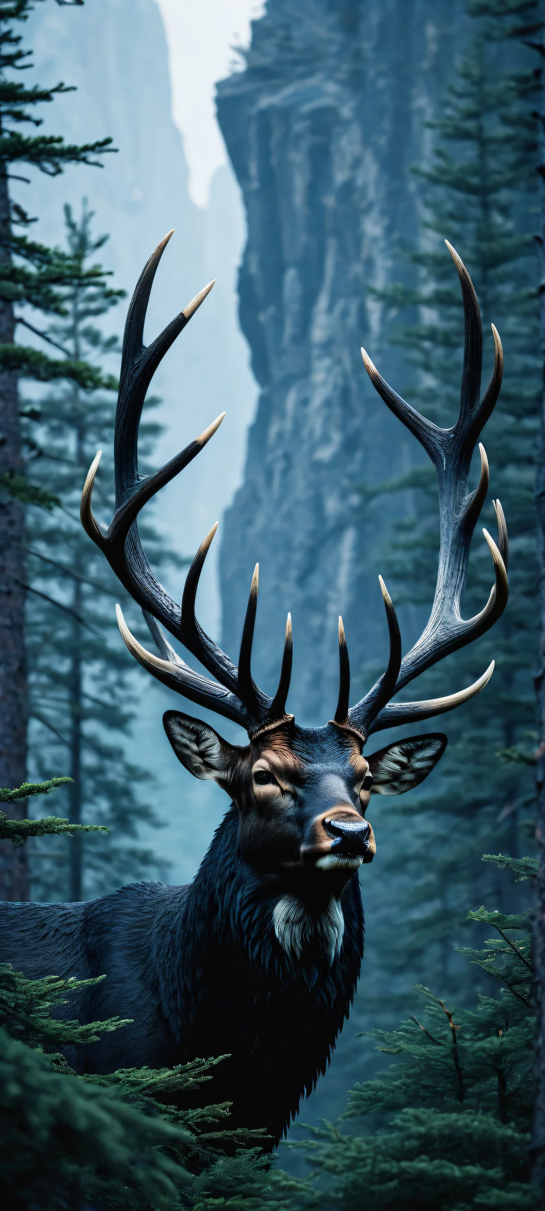 iPhone/Android wallpaper featuring stunning antler marks on saplings amidst a breathtaking twilight granite mountain range with perfect dark mode aesthetic and luminescent accents.