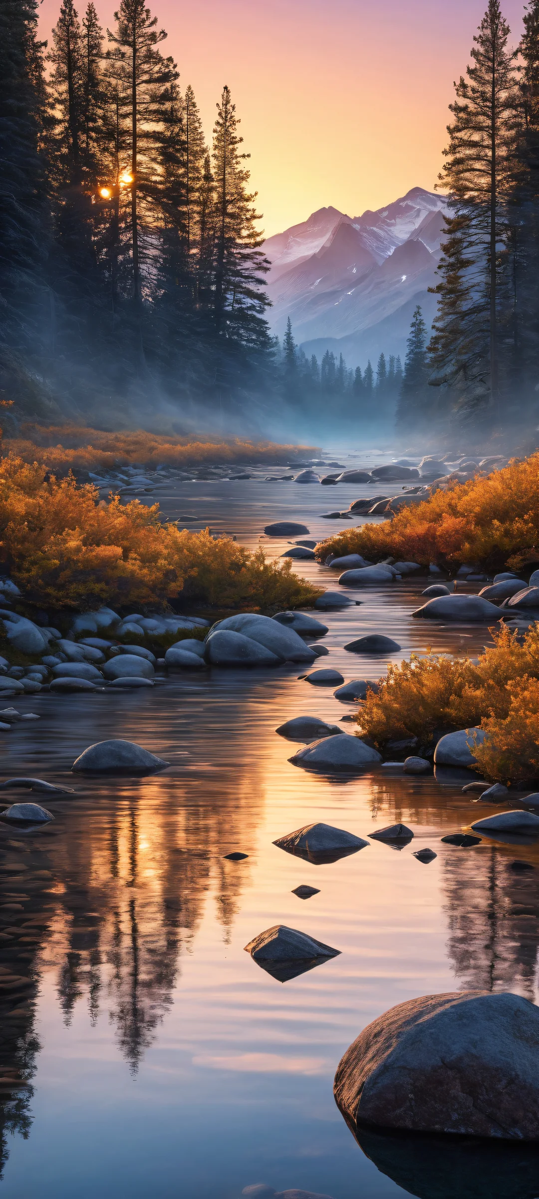 Antler rub marks on saplings amidst a serene Granite mountain range at twilight on an iPhone/Android device