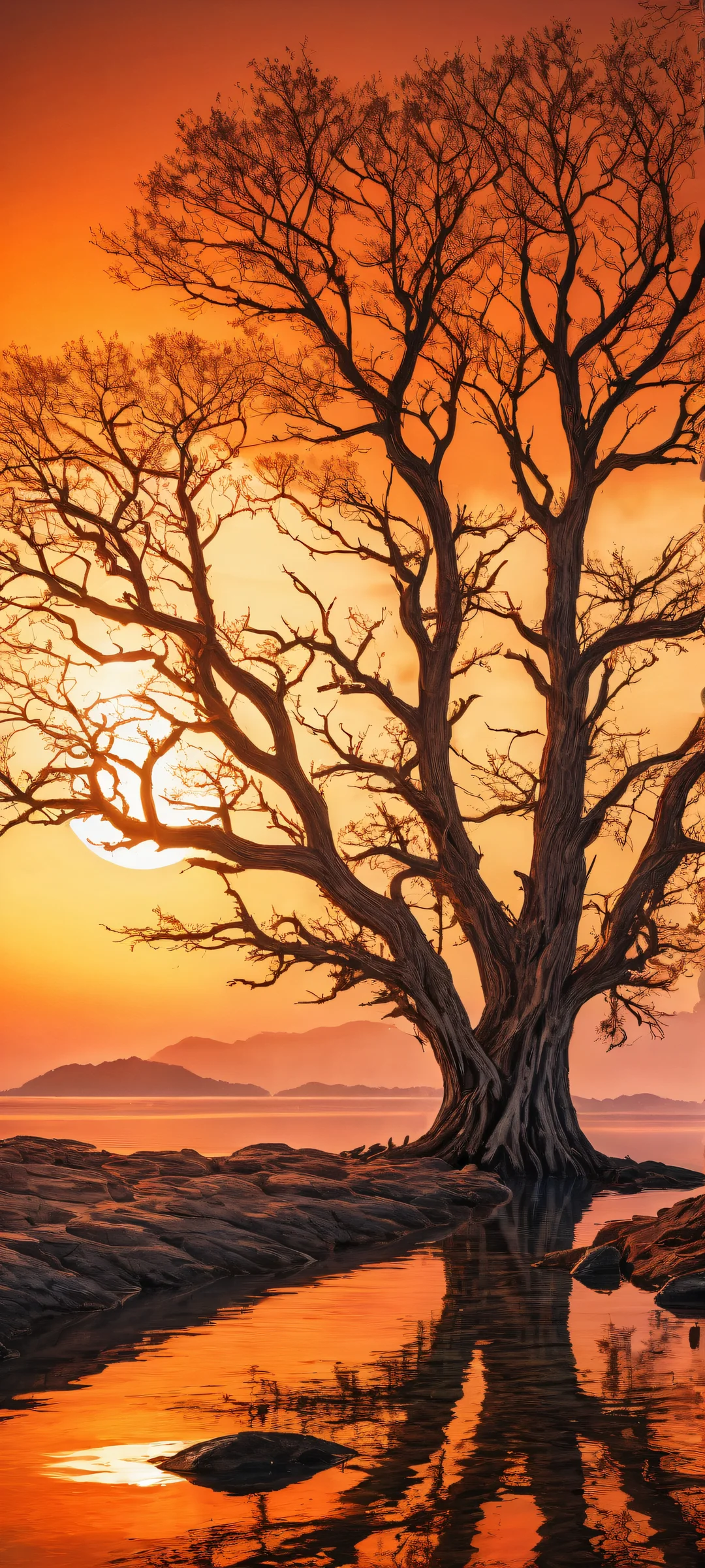 Dead trees with intricate branches and trunk details against a breathtaking sunset glow backdrop. Perfect for iPhone/Android home screens.
