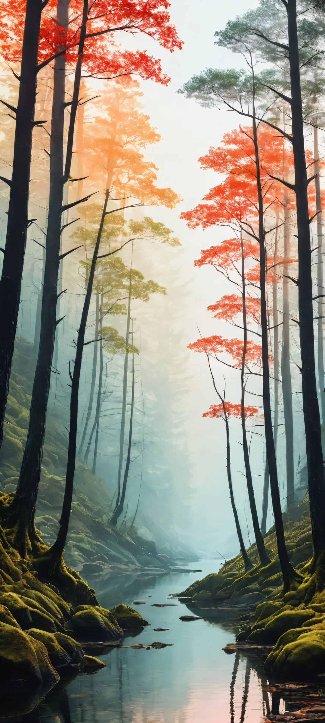 A dark and eerie landscape of twisted trees and misty mountains on an iPhone/Android device, with a clean and empty top half contrasting with the hauntingly beautiful color palette below.