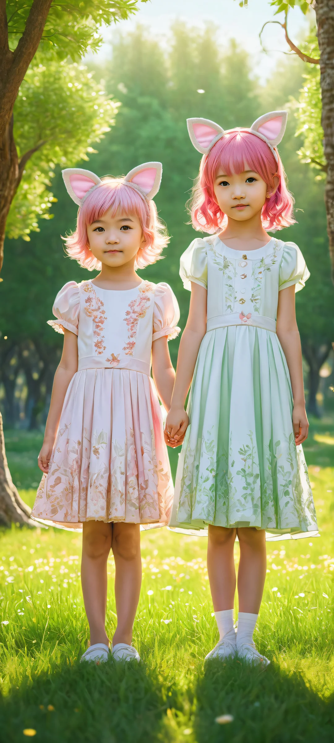 Two adorable chibi girls with pink hair and animal ears on a serene iPhone/Android wallpaper, showcasing intricate designs and ray-traced reflections in a soft, ethereal lighting.