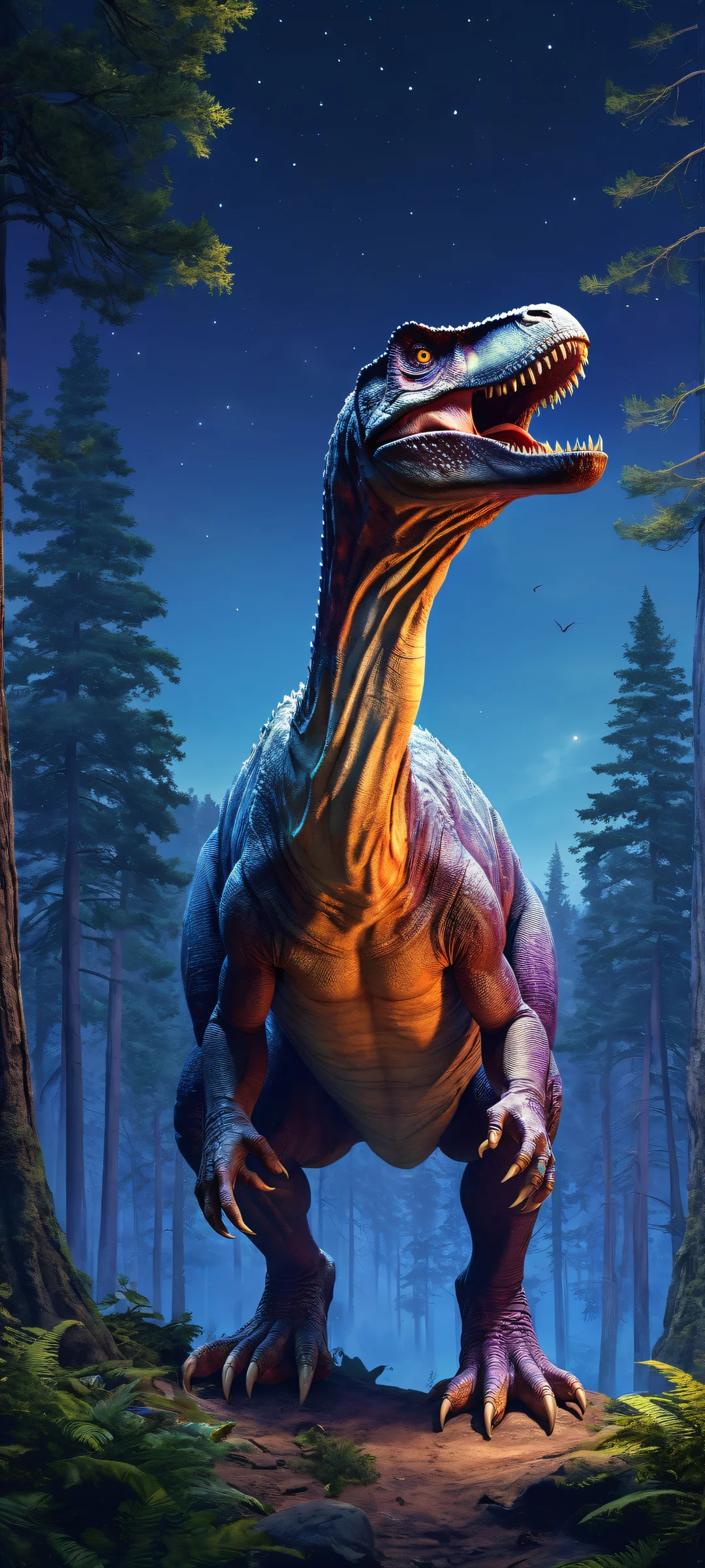 A majestic Tyrannosaurus rex standing in a mystical forest at dusk, iPhone/Android compatible
