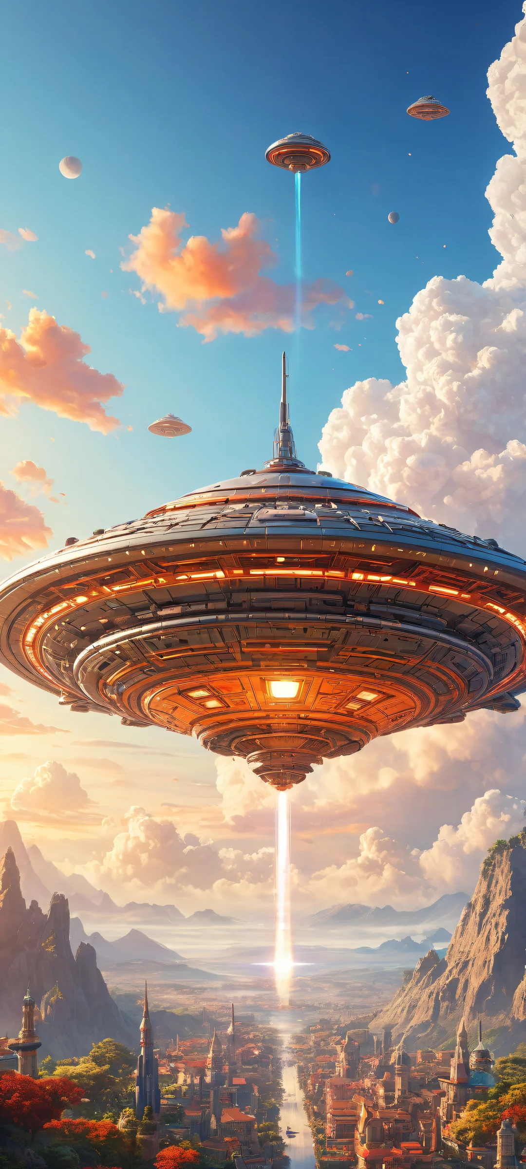 A stunning iPhone and Android compatible desktop wallpaper featuring a UFO surrounded by intricate robot details and colorful blocks, set against a whimsical sky with fluffy clouds.
