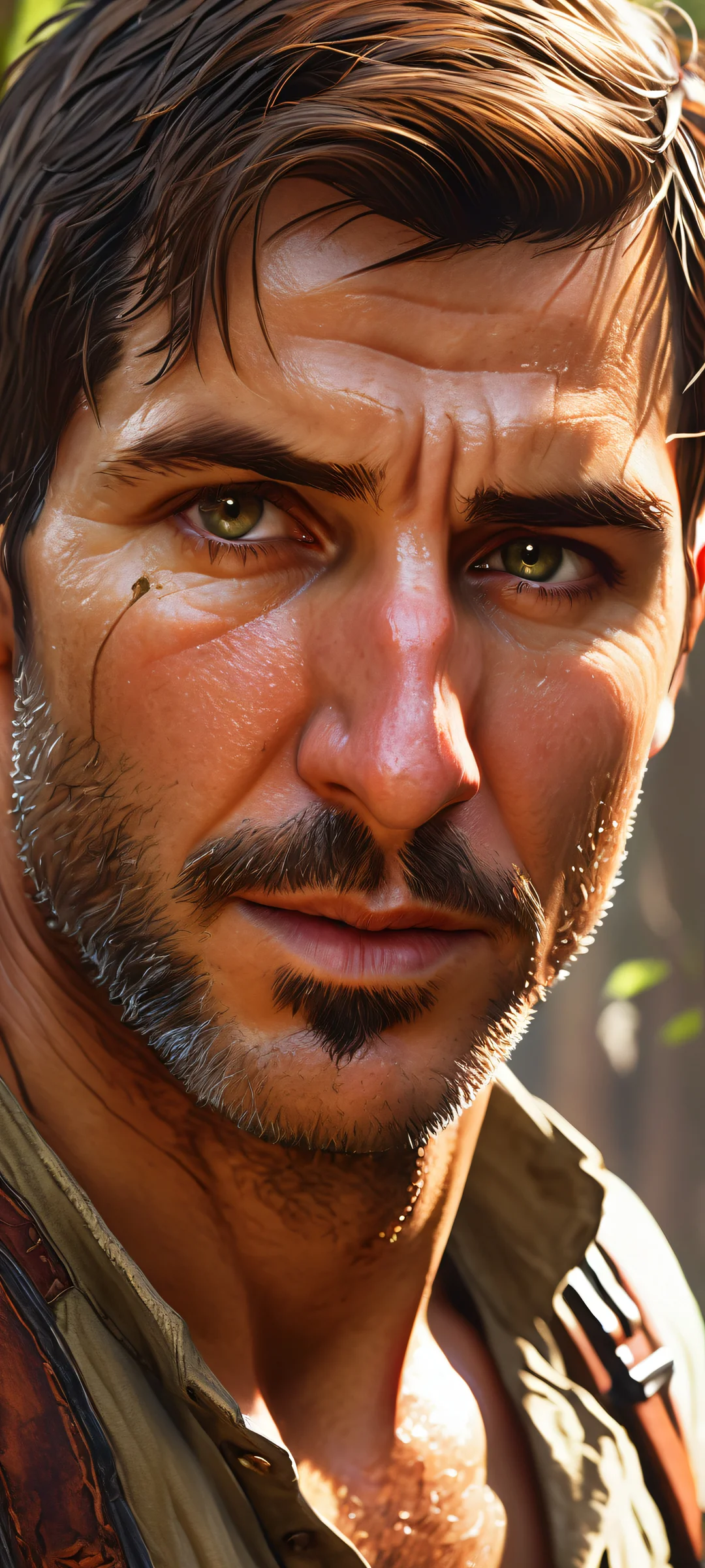 Nathan Drake portrait on iPhone/Android with Elena Fisher hint and epic void background, reminiscent of Uncharted 4 adventure