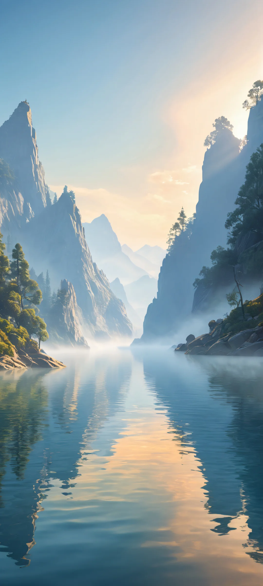 Ethereal landscape artwork featuring Unreal shapes amidst misty morning fog for iPhone/Android home screens.