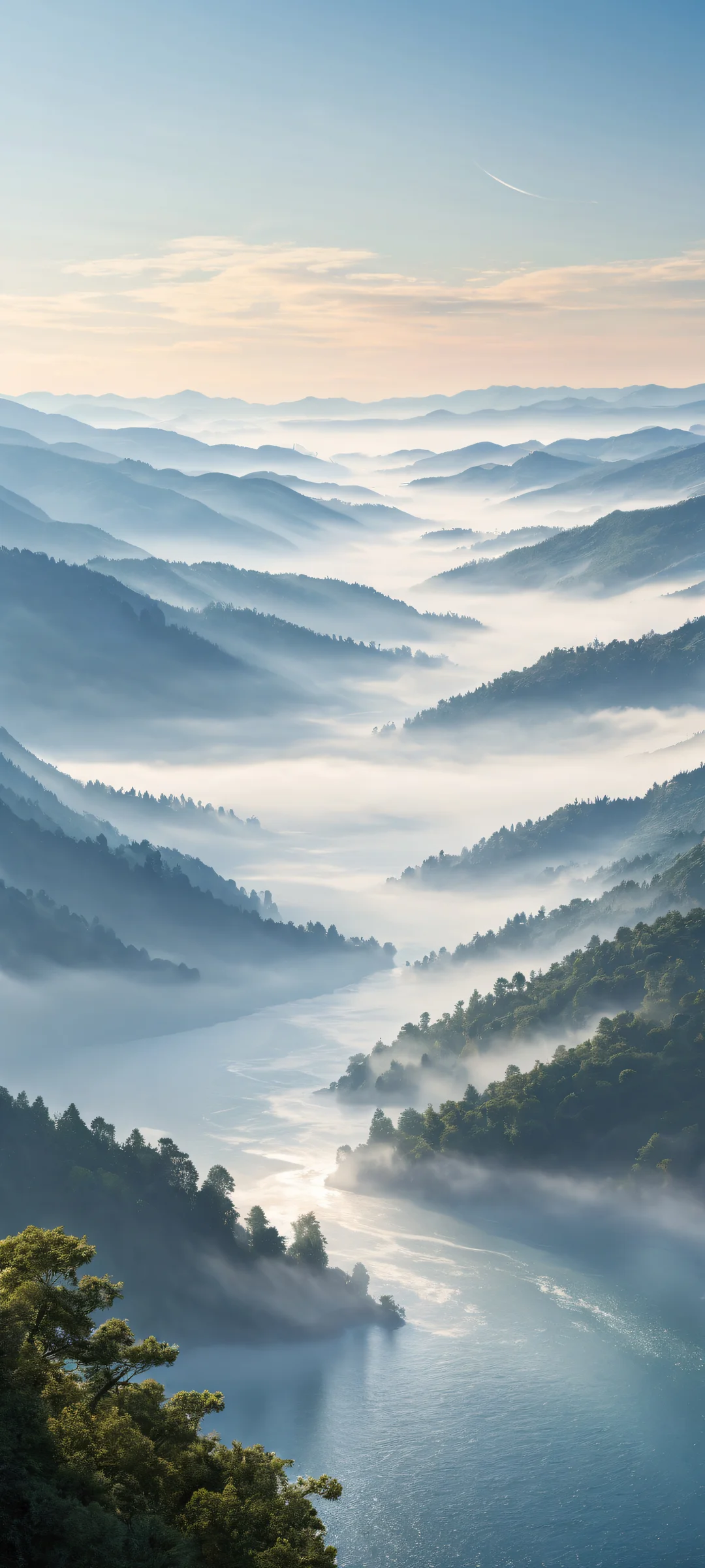 Ethereal morning light on an iPhone or Android home screen, with Unreal shapes emerging from the fog and a perfectly clean top half for UI widgets.