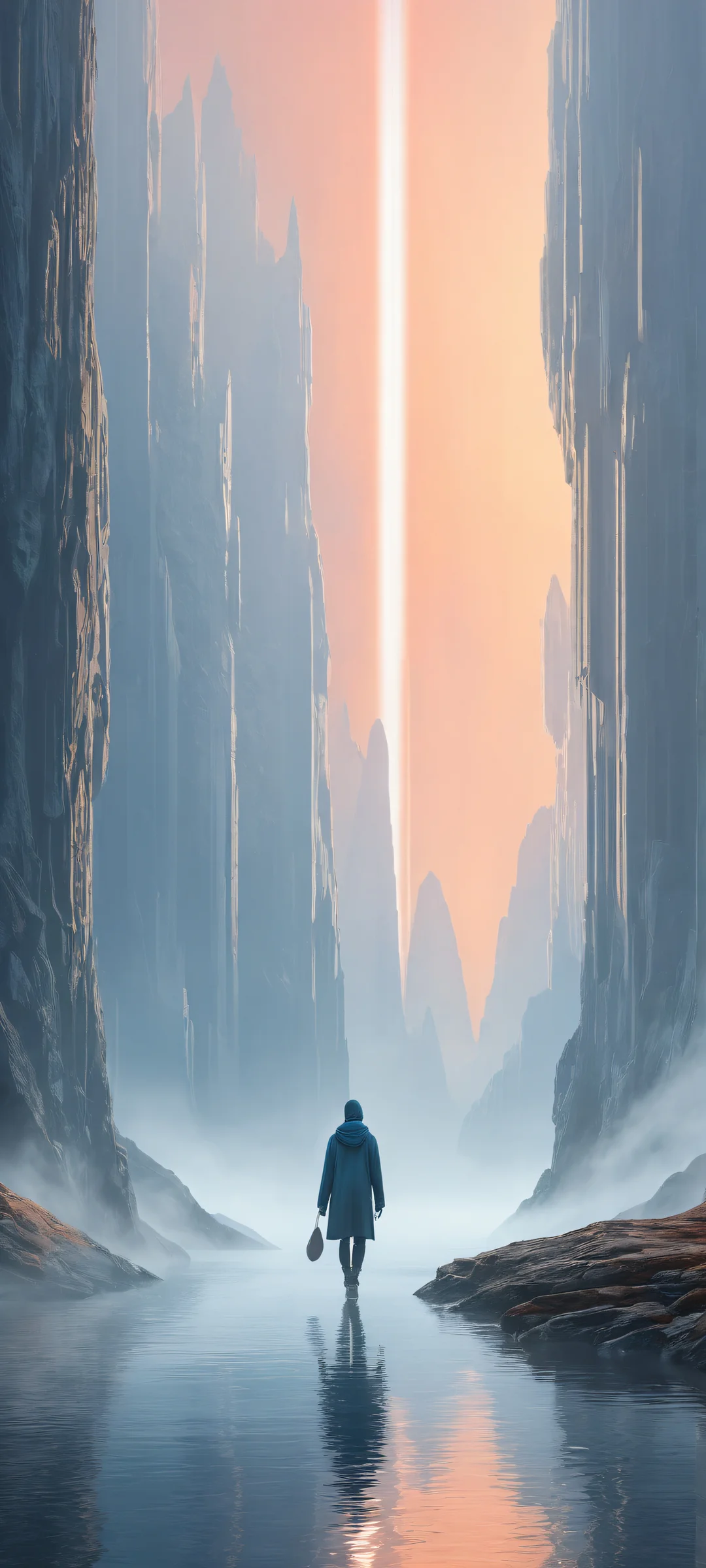 Unreal shapes emerged from the fog on a clean and empty background, perfekt für iPhone/Android-Startbildschirme. A breathtaking digital art piece with soft, misty morning light casting a warm glow.