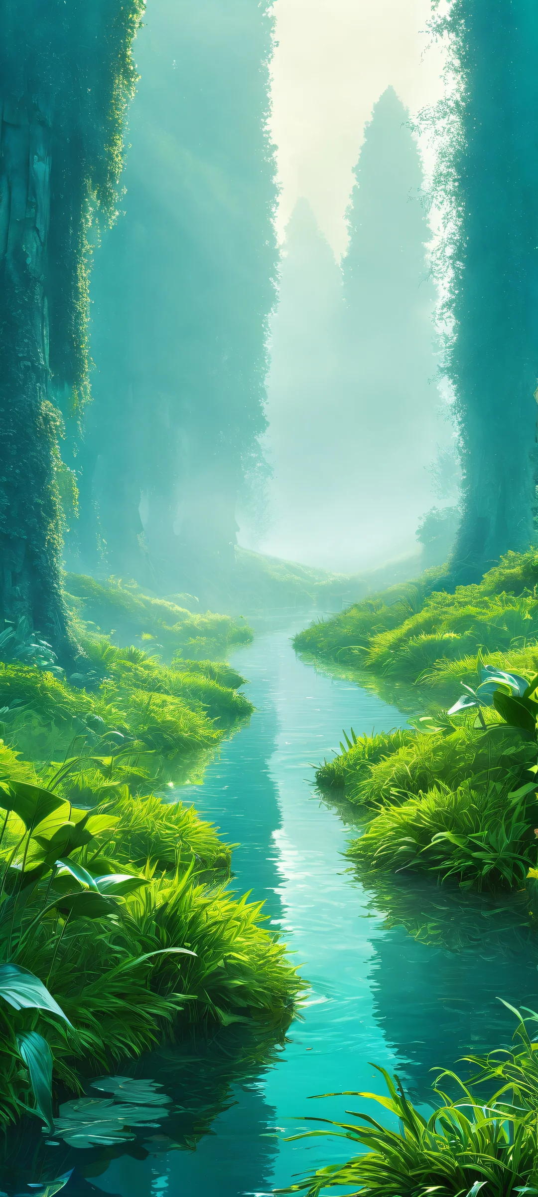 Breathtaking Unreal Shapes wallpaper for iPhone and Android featuring misty morning atmosphere with radiant colors and ray-traced reflections.