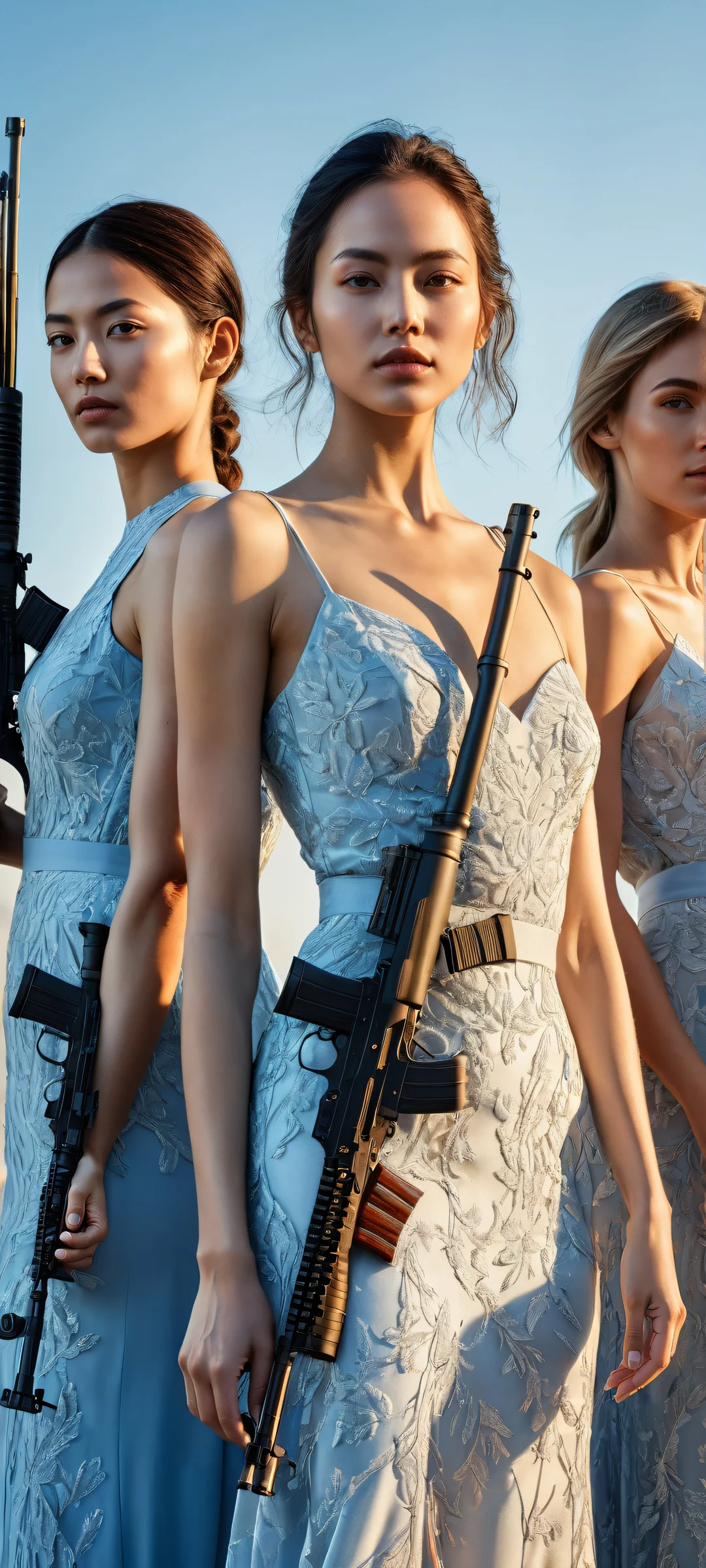 Ethereal portrait of three women standing on an urban battlefield, perfectly clean top half and micro-details, iPhone/Android compatible.