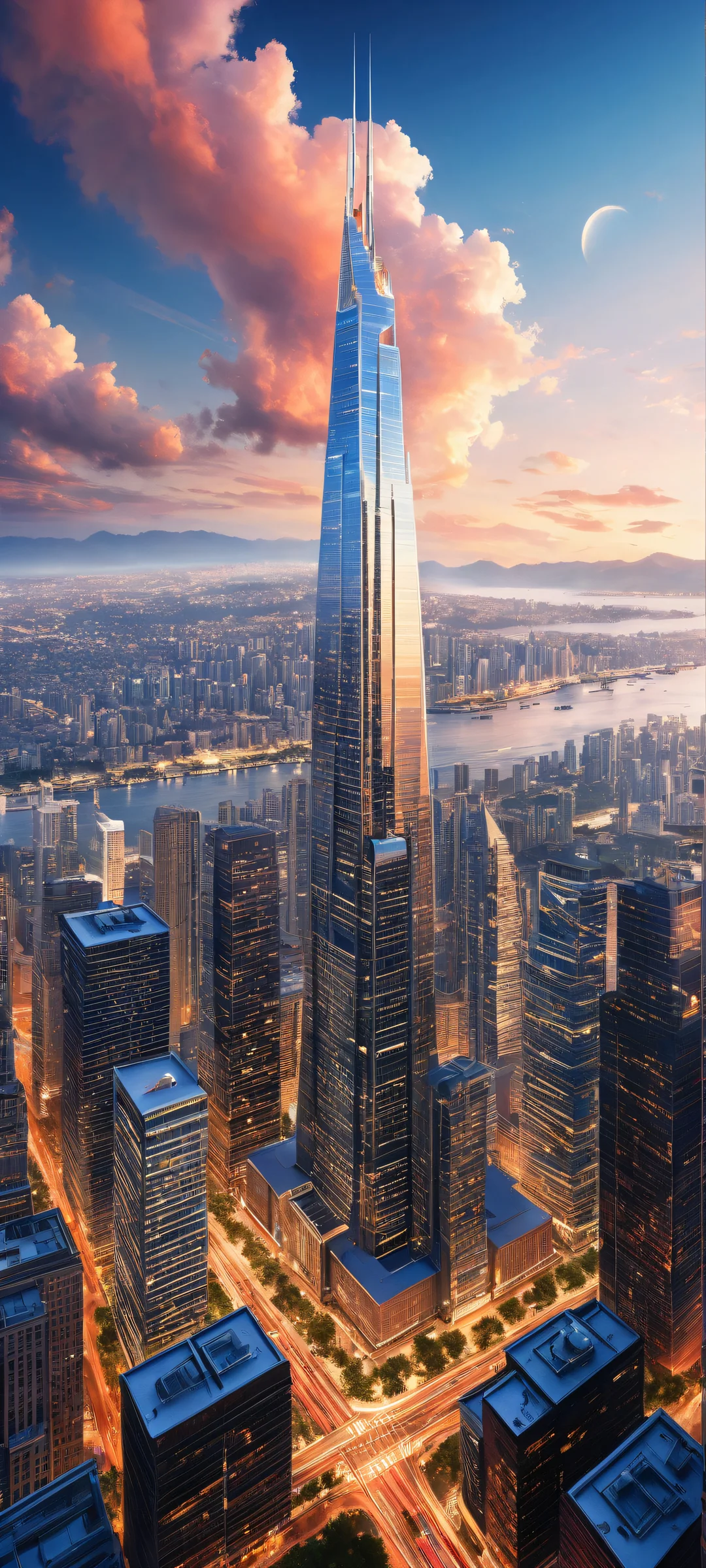 A majestic skyscraper on iPhone or Android: admire the intricate urban design and city lights radiating from its peak, set against a serene pure void backdrop.