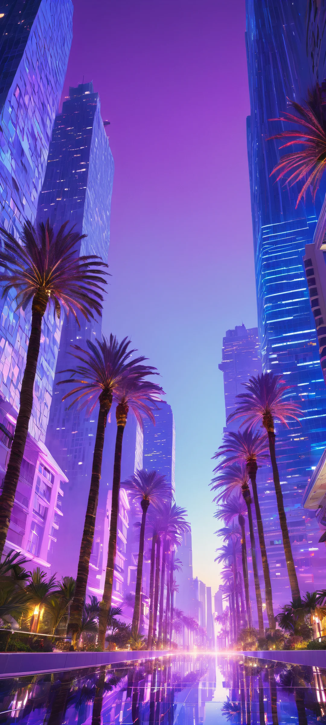 Palm trees and city skyscrapers at night on iPhone/Android devices