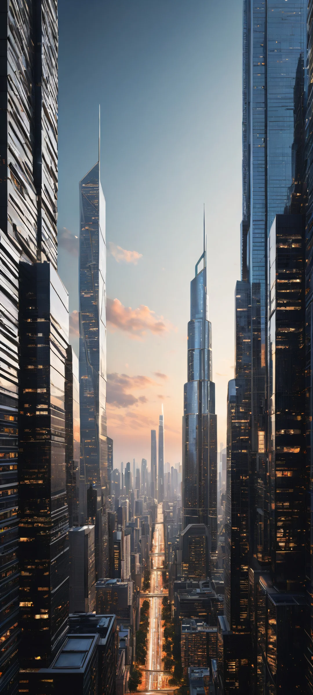 A futuristic cityscape for iPhone/Android featuring award-winning digital art with intricate micro-details and perfect contrast