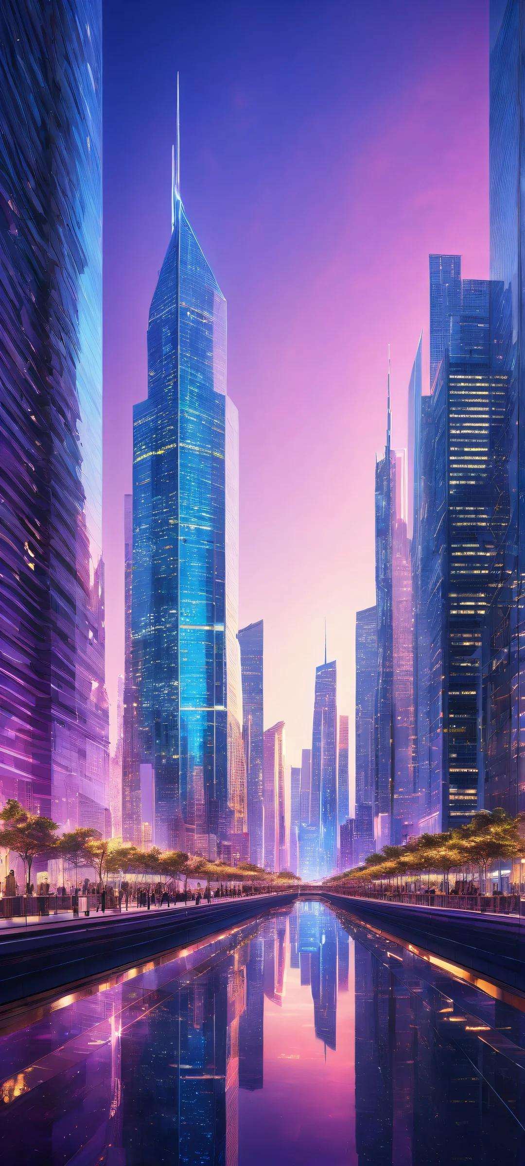 iPhone/Android wallpaper featuring a breathtaking vertical portrait of a futuristic cityscape with intricate details and ethereal lighting.