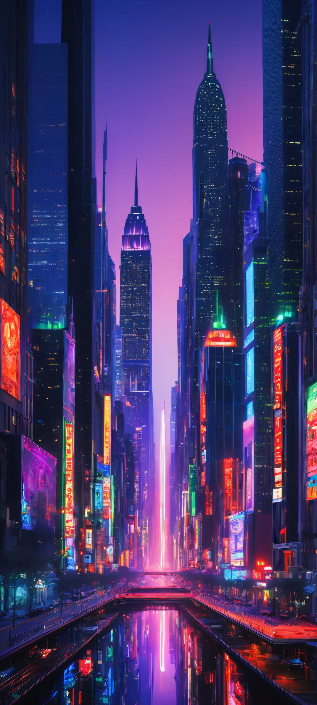 iPhone/Android Wallpaper: A futuristic cityscape with neon lights and a vast void, reminiscent of Matthew Pillsbury's photography.