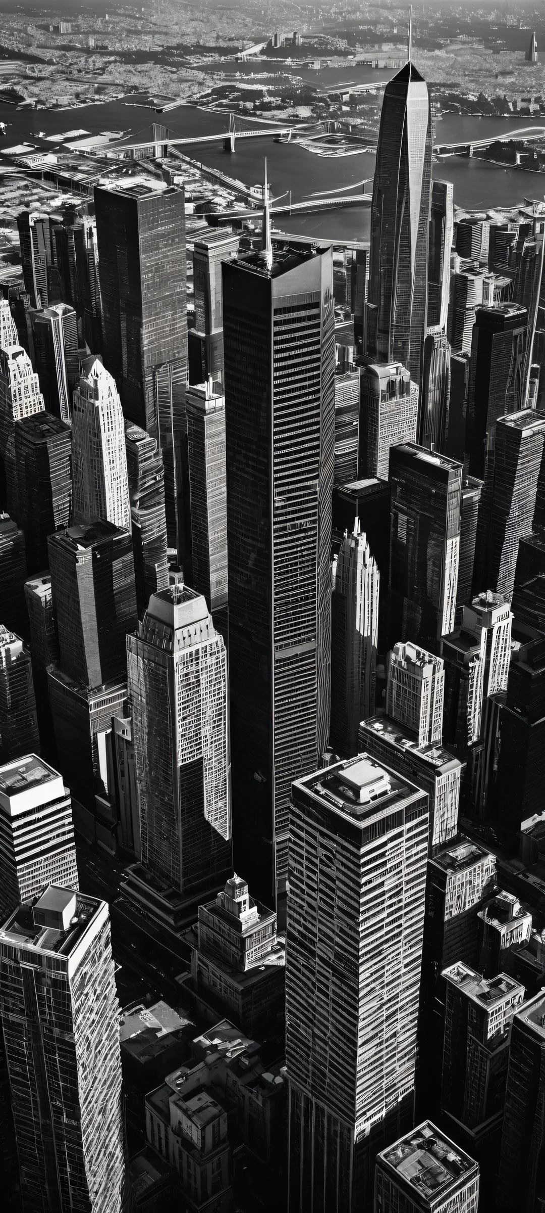 Minimalist cityscape with insane micro-details of sleek skyscrapers and urban infrastructure on a black void background, perfectly optimized for iPhone and Android home screens.