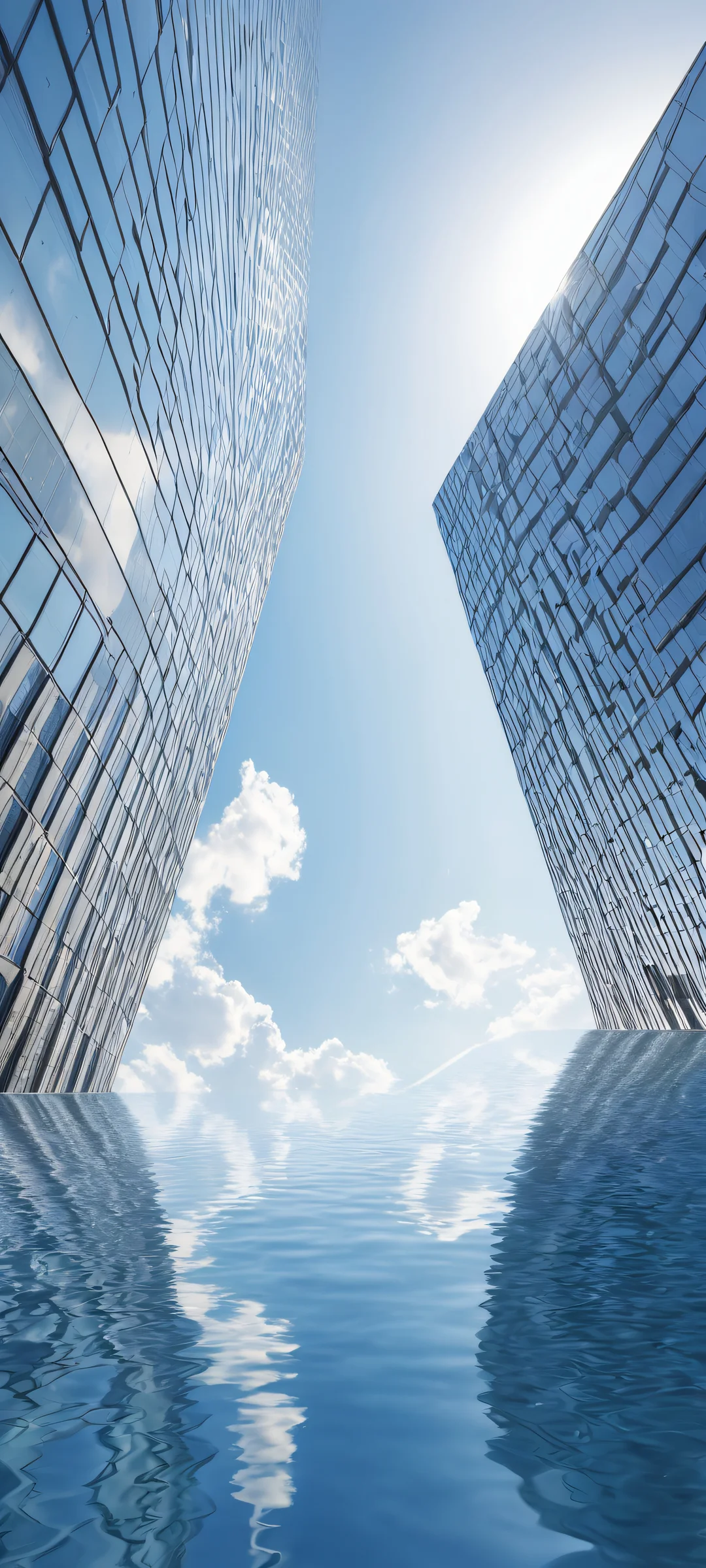 Atemberaubendes vertikales Porträtkunstwerk von Wolkenkratzern in einer friedlichen Stadtlandschaft mit Wasserreflexion und Leere, perfekt optimiert für iPhone- und Android-Startbildschirme.