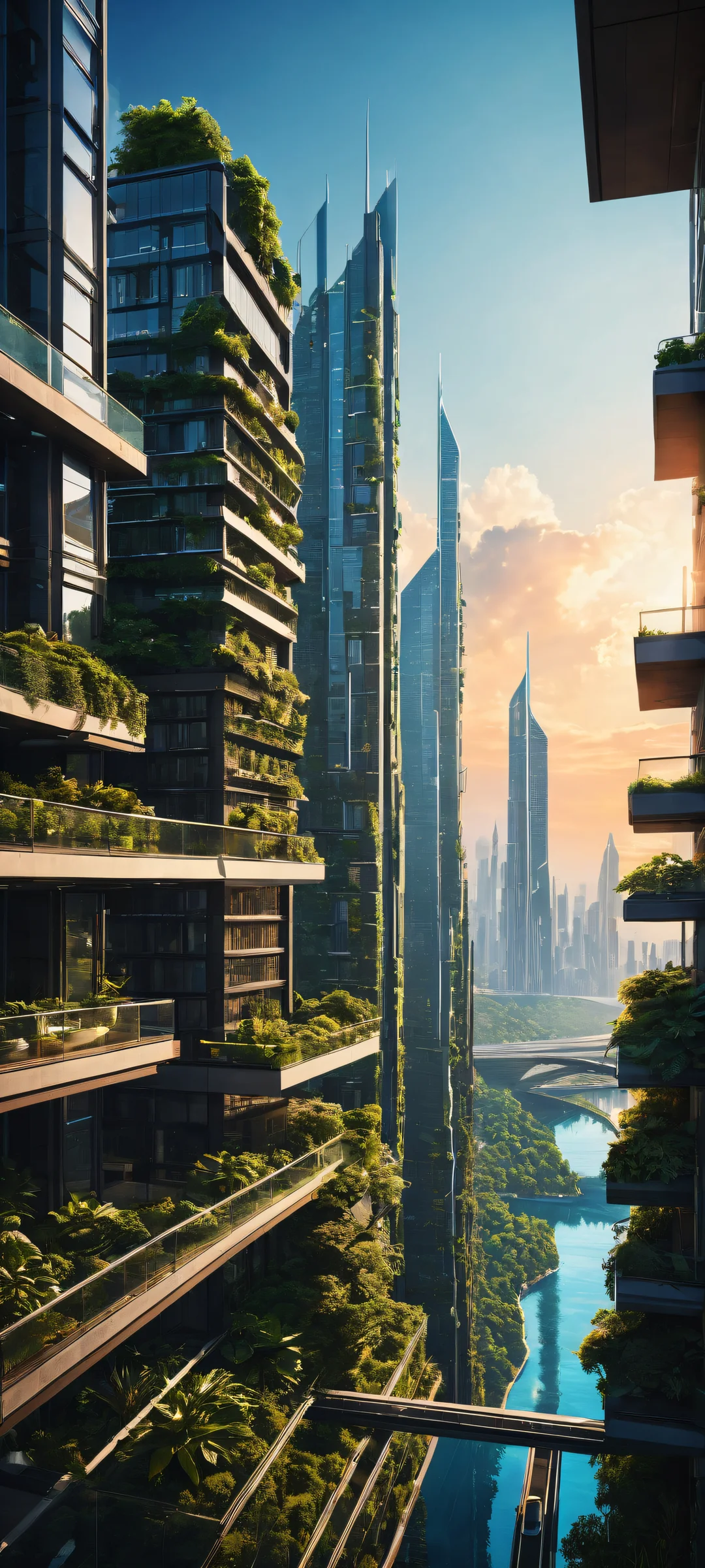 A couple in a futuristic cityscape at sunset, iPhone/Android compatible.