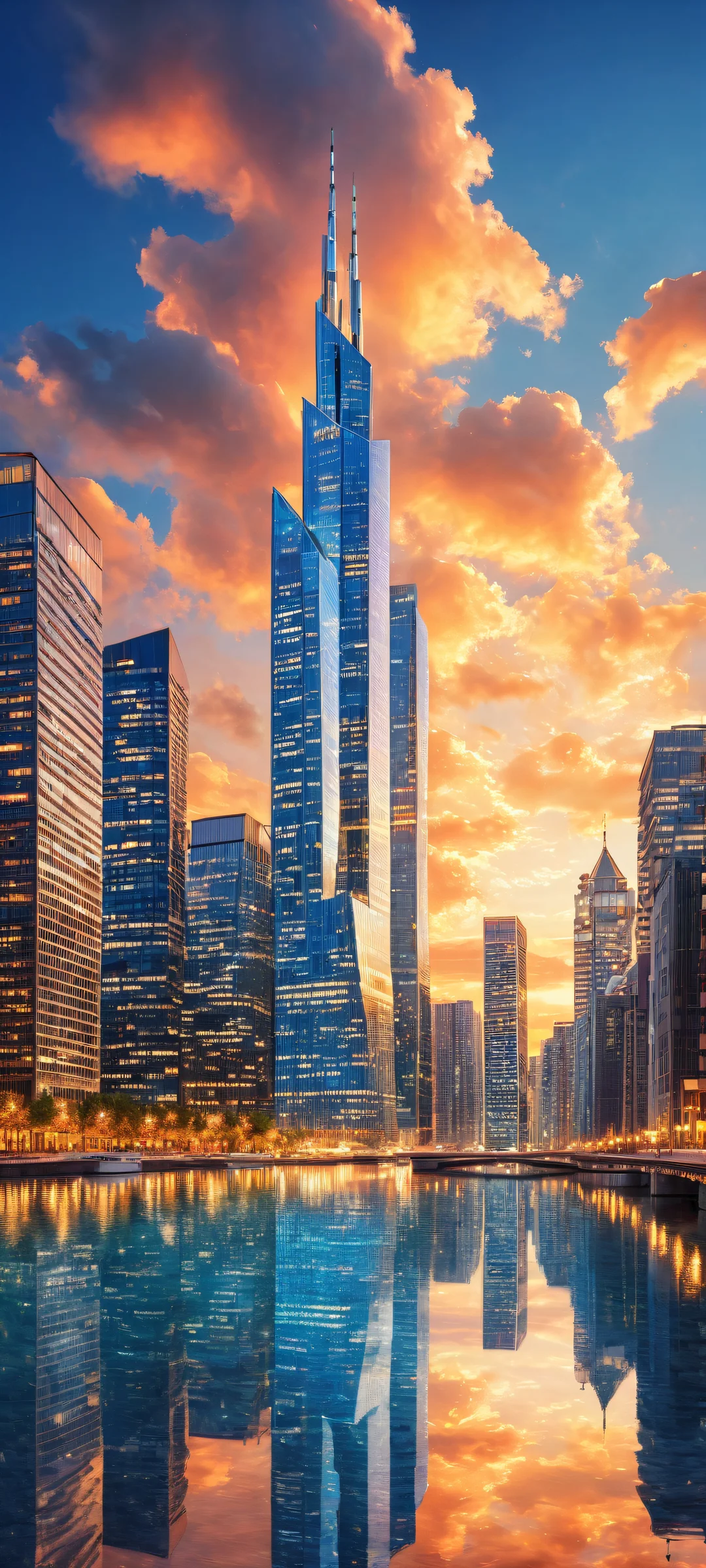 iPhone/Android portrait wallpaper of a towering skyscraper with intricate city lights and clouds reflected onto its surface, perfect for your device's home screen.