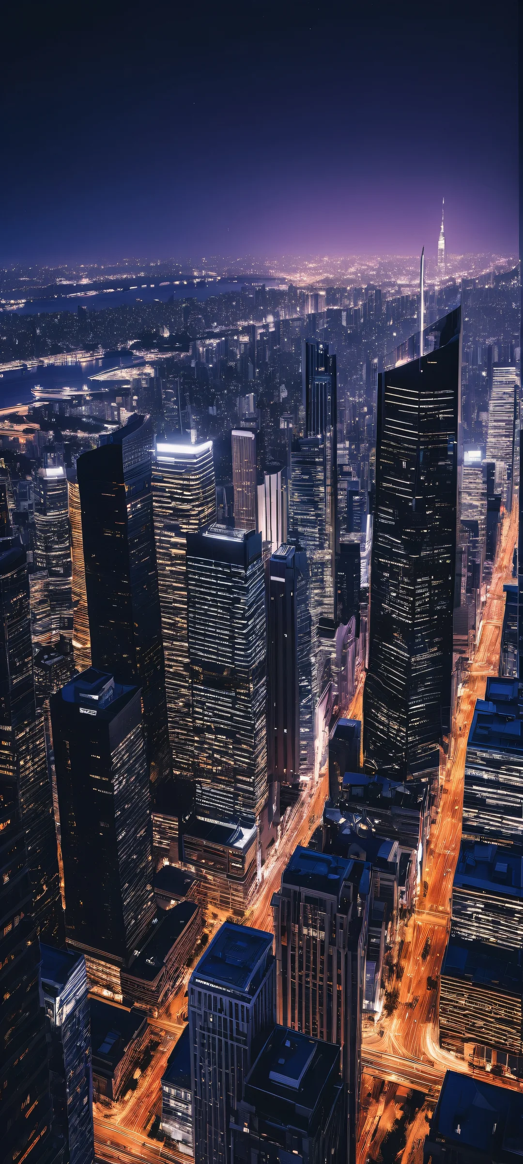 Elegant cityscape artwork on iPhone/Android, with deep blues and purples, accented by warm city lights and sleek metal tones. Perfect for home screens.