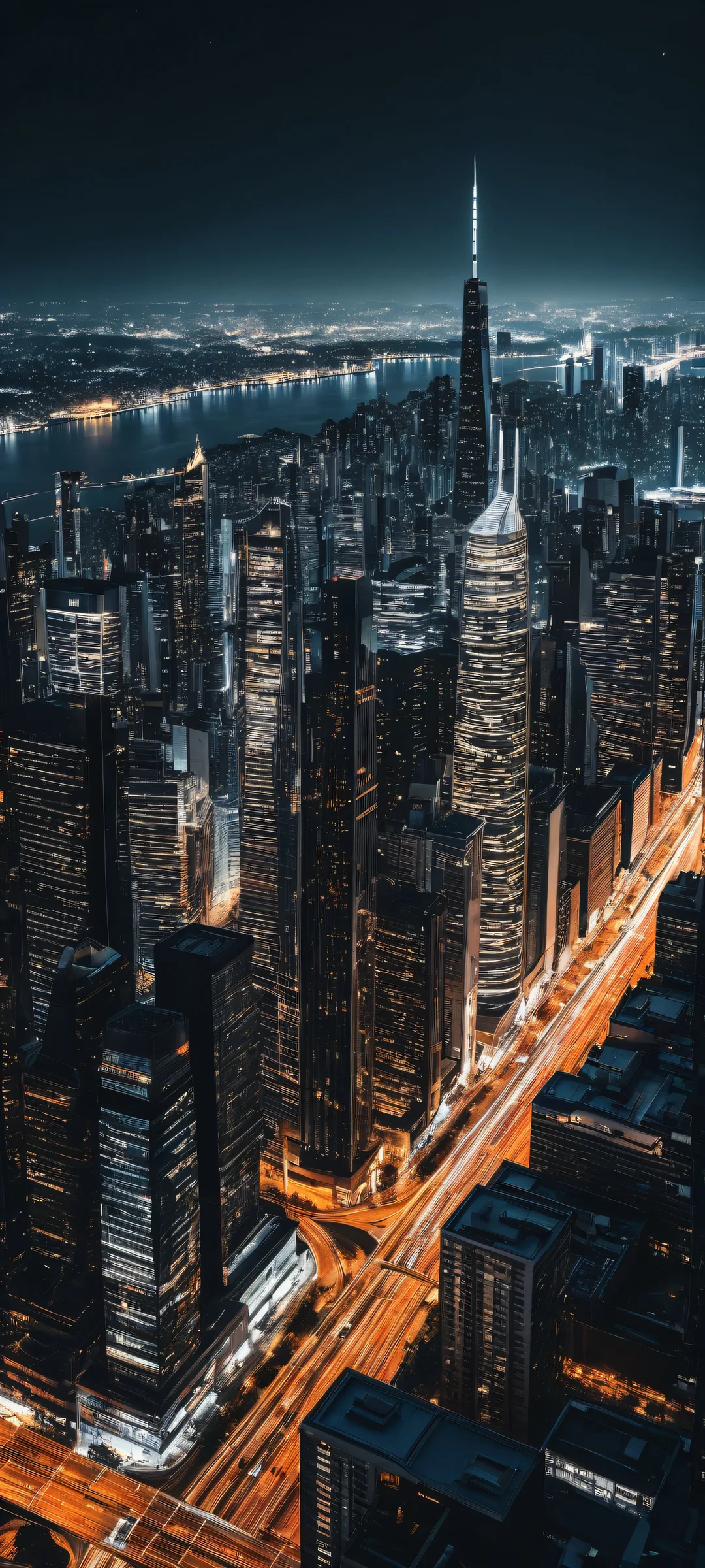 Discover the majesty of a futuristic cityscape on your iPhone or Android device. This stunning vertical artwork perfectly captures the essence of urban life with its sleek dark mode aesthetic, striking contrast, and elegant luminescent accents.
