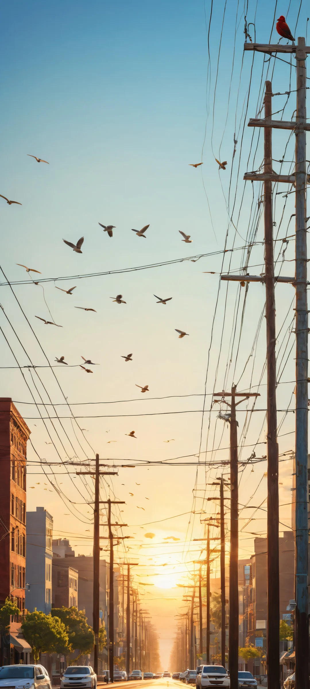 iPhone/Android users will love this stunning vertical portrait artwork of Wildlife placed in the lower-middle amidst the city sky, showcasing birds and animals perched atop a utility pole.