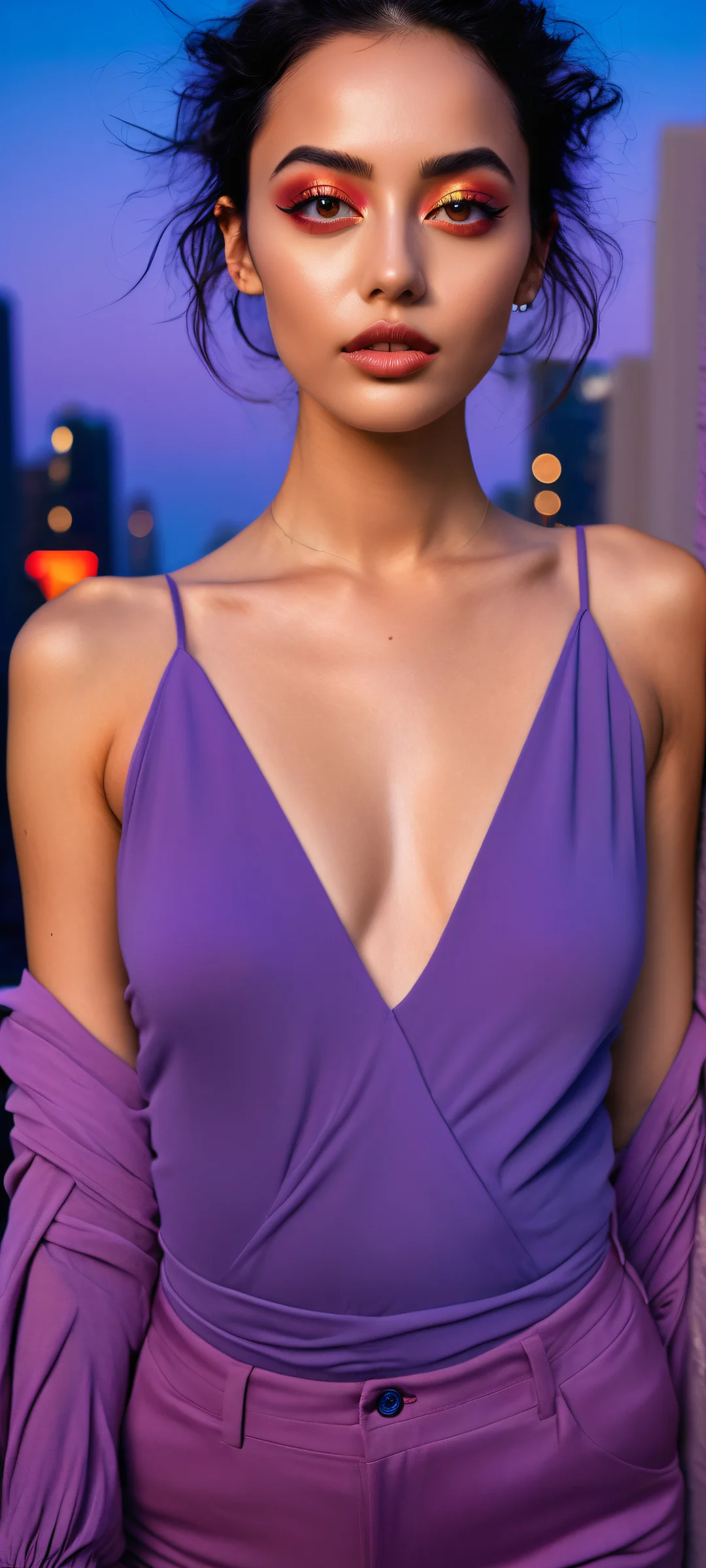 A serene portrait of a person against a vibrant cityscape at dusk, perfekt optimiert für iPhone- und Android-Startbildschirme.