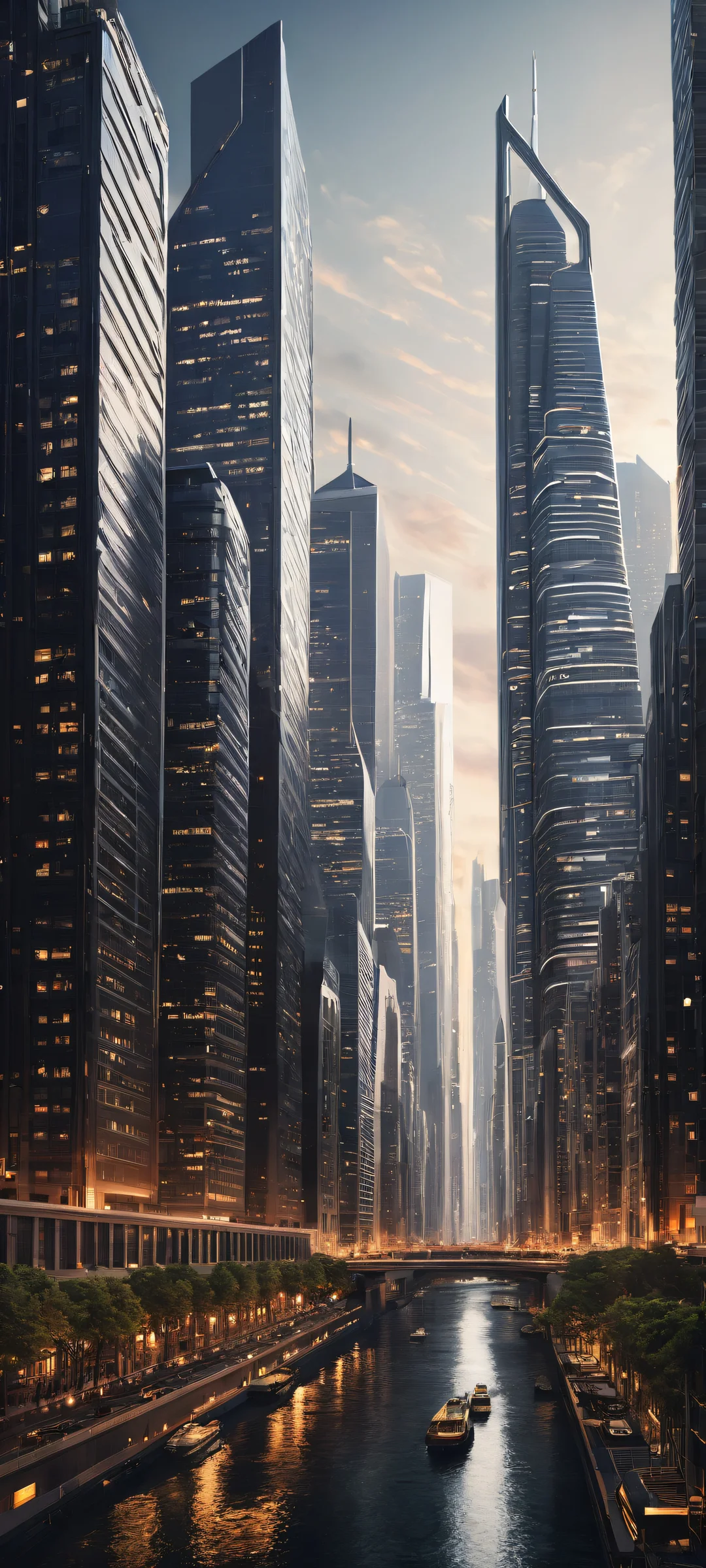 iPhone and Android device in a futuristic cityscape with sleek skyscrapers and precision lines, perfectly clean top half for seamless UI integration.