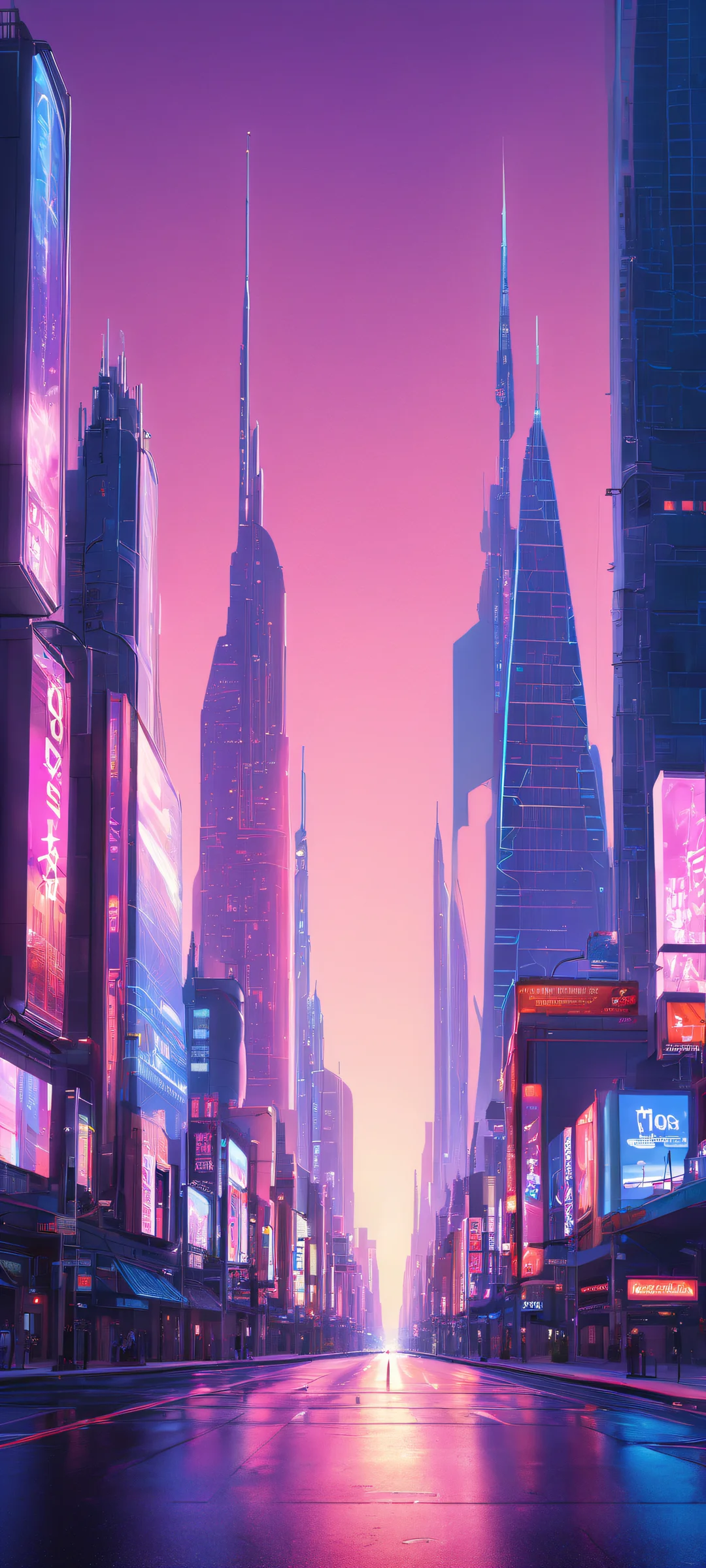 iPhone/Android wallpaper featuring a breathtaking futuristic cityscape with neon-lit billboards and sleek skyscrapers.