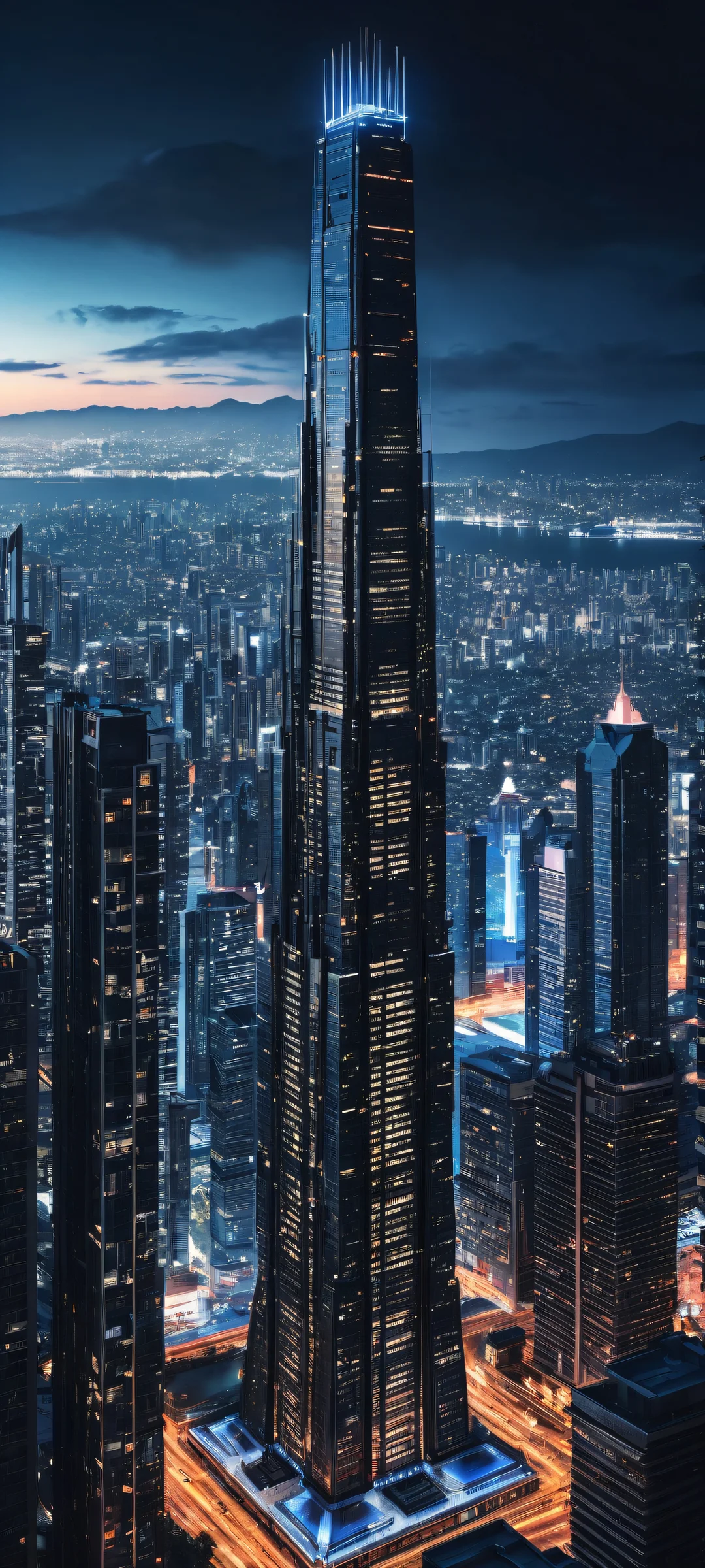 iPhone and Android users will love this breathtaking vertical portrait artwork of a futuristic skyscraper with intricate details, set against a stunning urban landscape. Perfect for home screens!