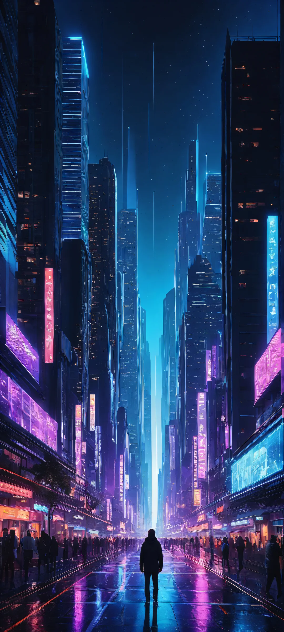 iPhone and Android users can set this breathtaking digital artwork as their home screen with its perfect blend of futuristic cityscapes, intricate details, and sleek dark mode aesthetic.