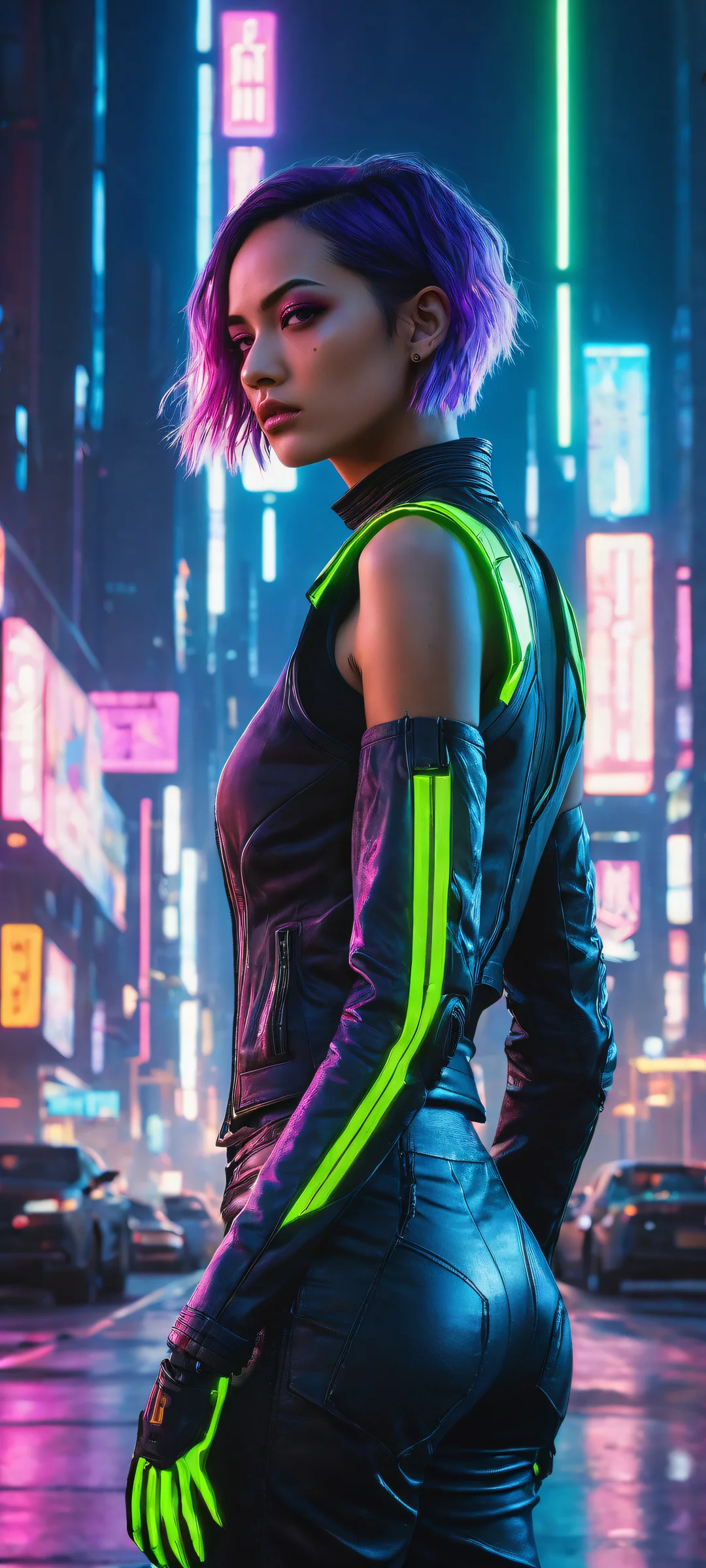 Ethereal portrait of V from Cyberpunk 2077 on iPhone/Android, with insane micro-details and vibrant cityscape.