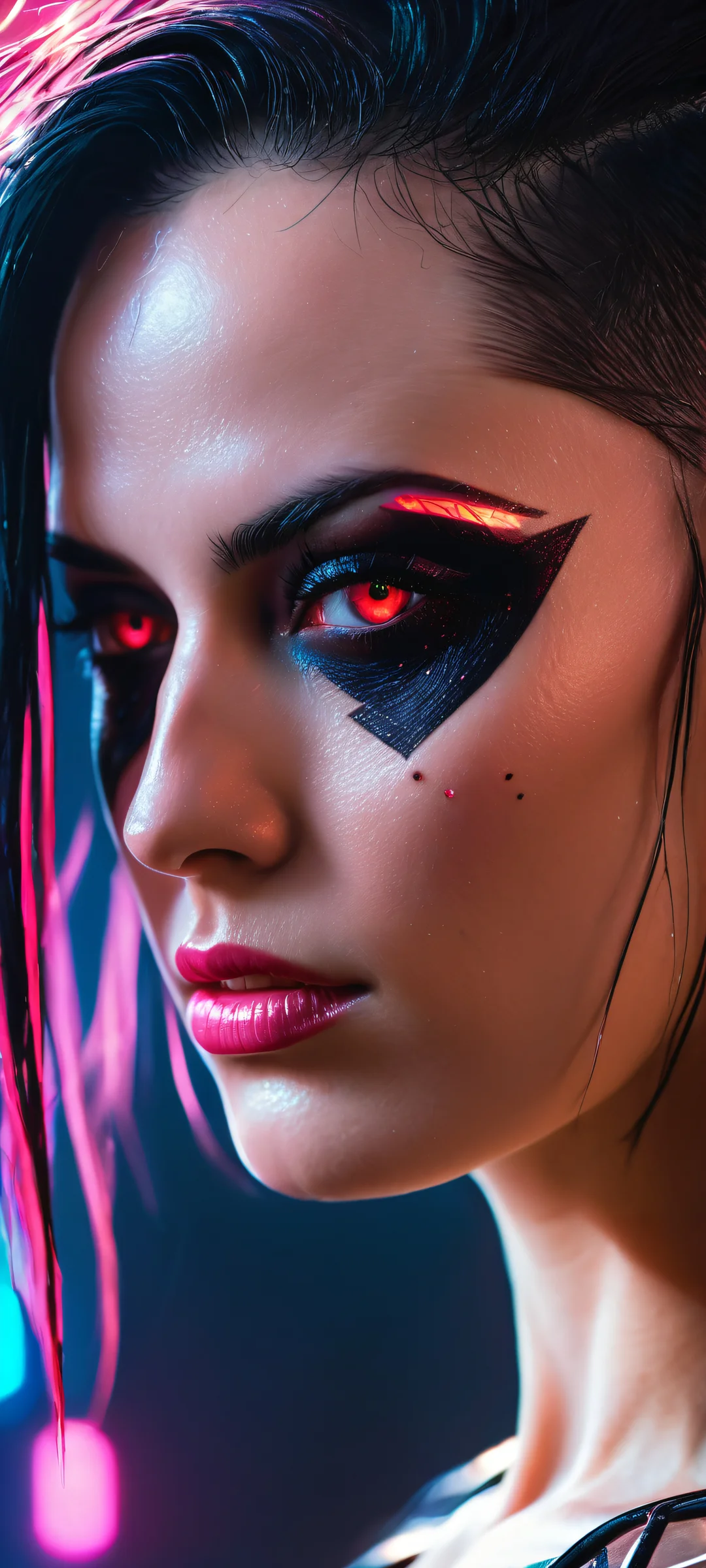 A stunning vertical portrait of V from Cyberpunk 2077 on iPhone/Android, featuring intricate costume design and a seamless blend of void, water's edge, and neon lights.