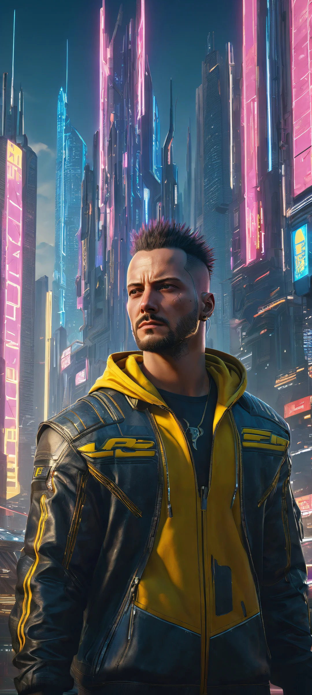 Stunning portrait of V (Cyberpunk 2077) with cybernetic enhancements on iPhone/Android, showcasing breathtaking cityscape and radiant lighting.