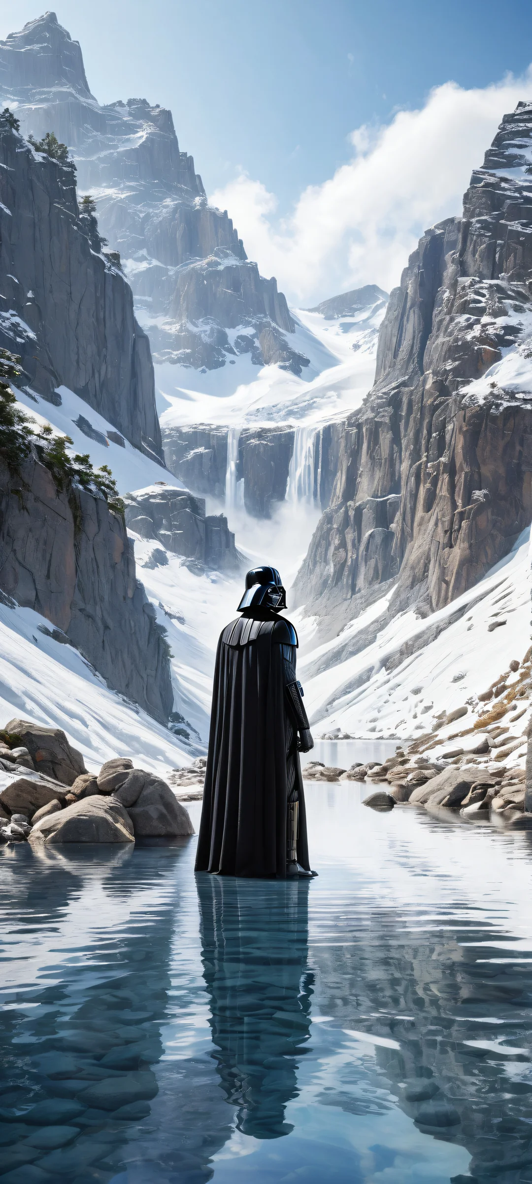 Darth Vader in a serene hot spring amidst snowy mountainside on iPhone/Android. Perfectly optimized for home screen.